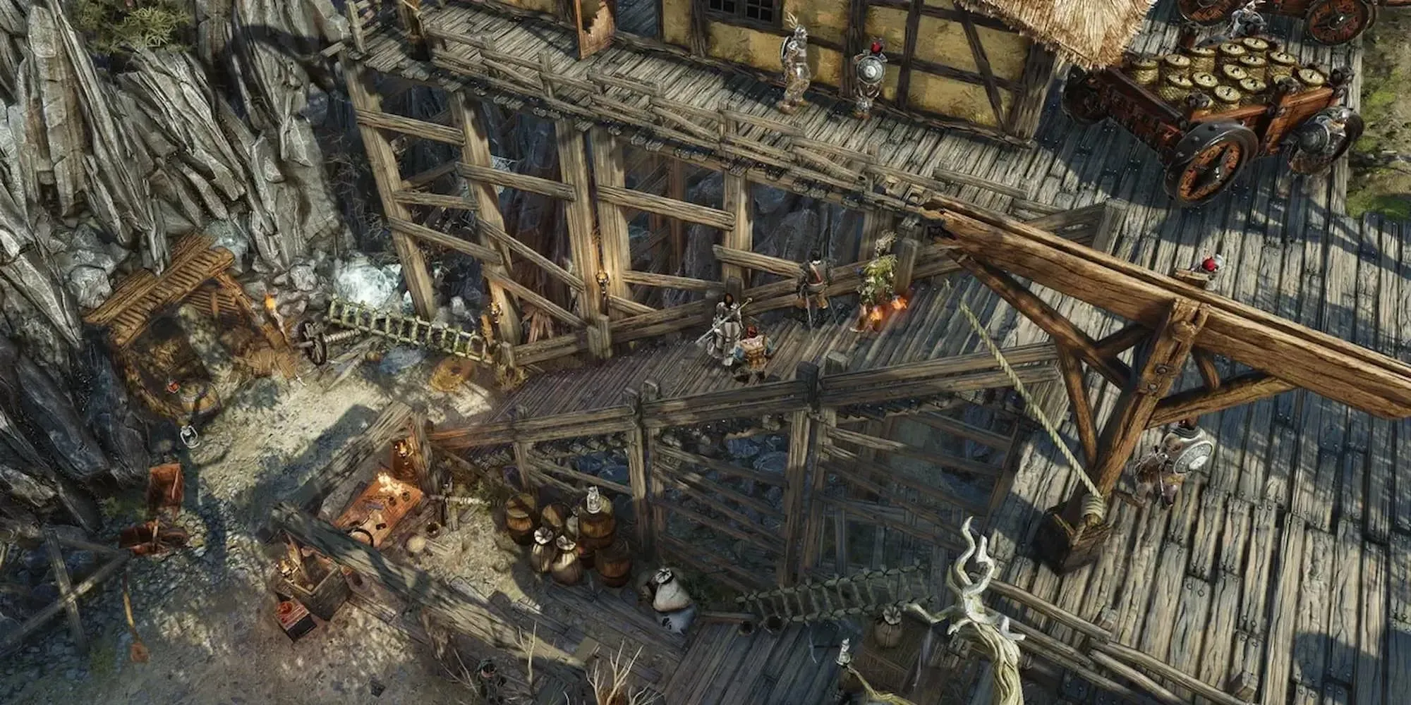 Đoàn chiến binh chiến đấu bên ngoài pháo đài gỗ trong Divinity: Original Sin 2, minh họa các trận chiến chiến thuật phức tạp và đầy thách thức.