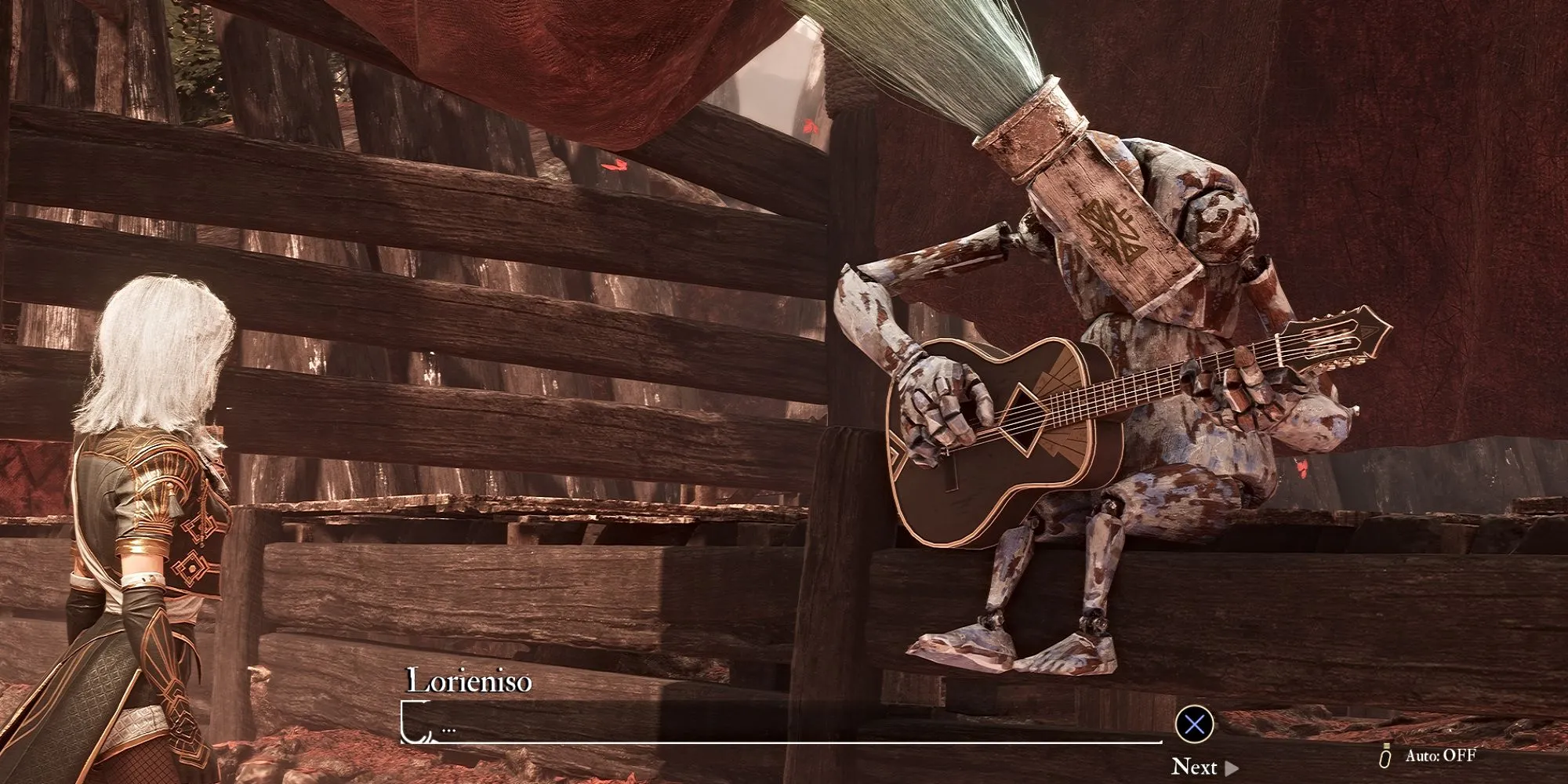 Gestral Lorieniso ngồi trên sân khấu chơi guitar, thể hiện một bản nhạc chủ đề của game Clair Obscur Expedition 33