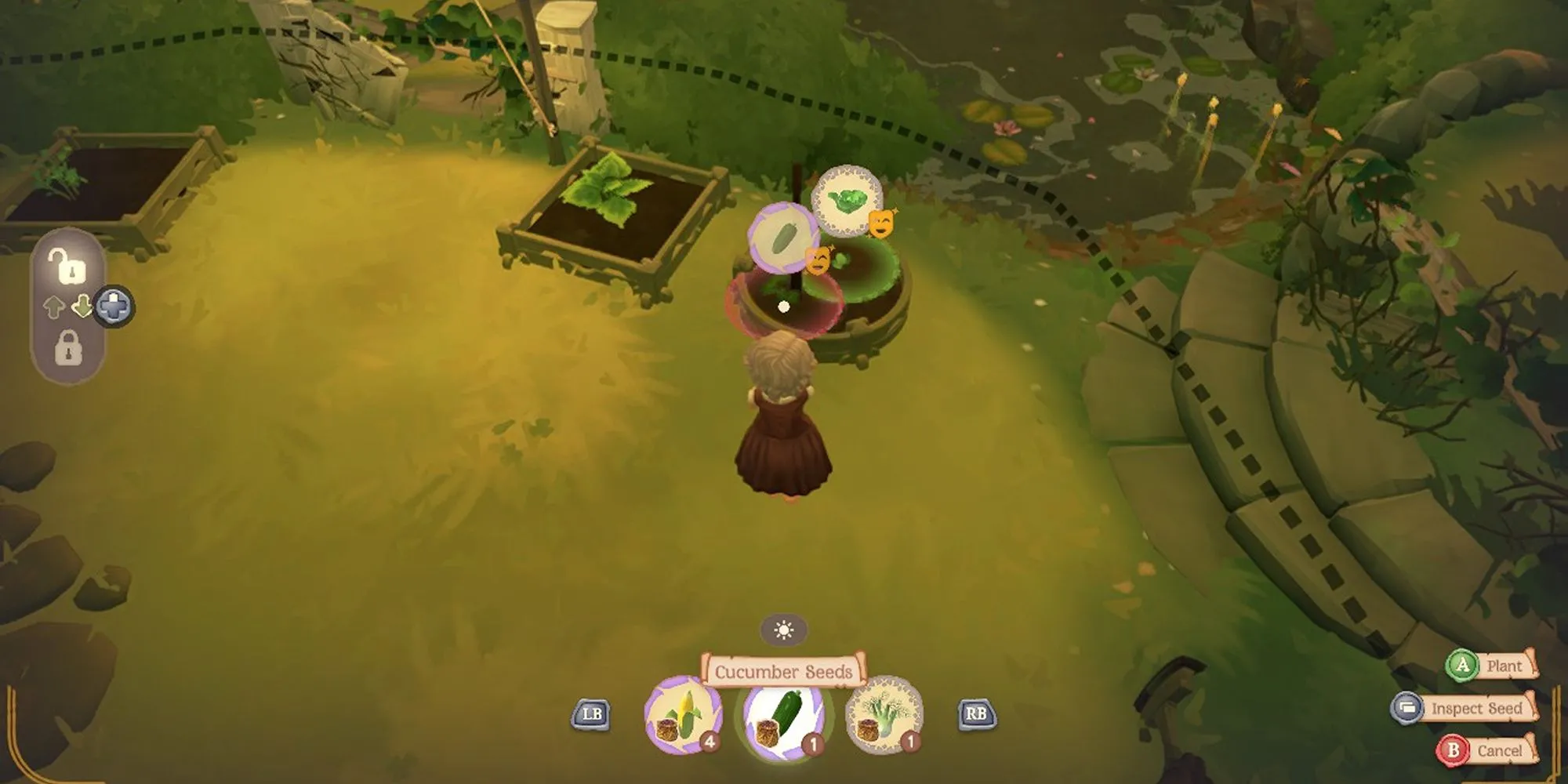 Giao diện làm vườn trong Tales of the Shire, cho phép người chơi chọn hạt giống tương thích để tối ưu hóa năng suất