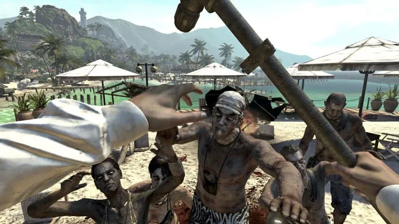 Góc nhìn thứ nhất trong Dead Island, một người phụ nữ cầm ống sắt chiến đấu với zombie, tương phản với trailer đầy cảm xúc