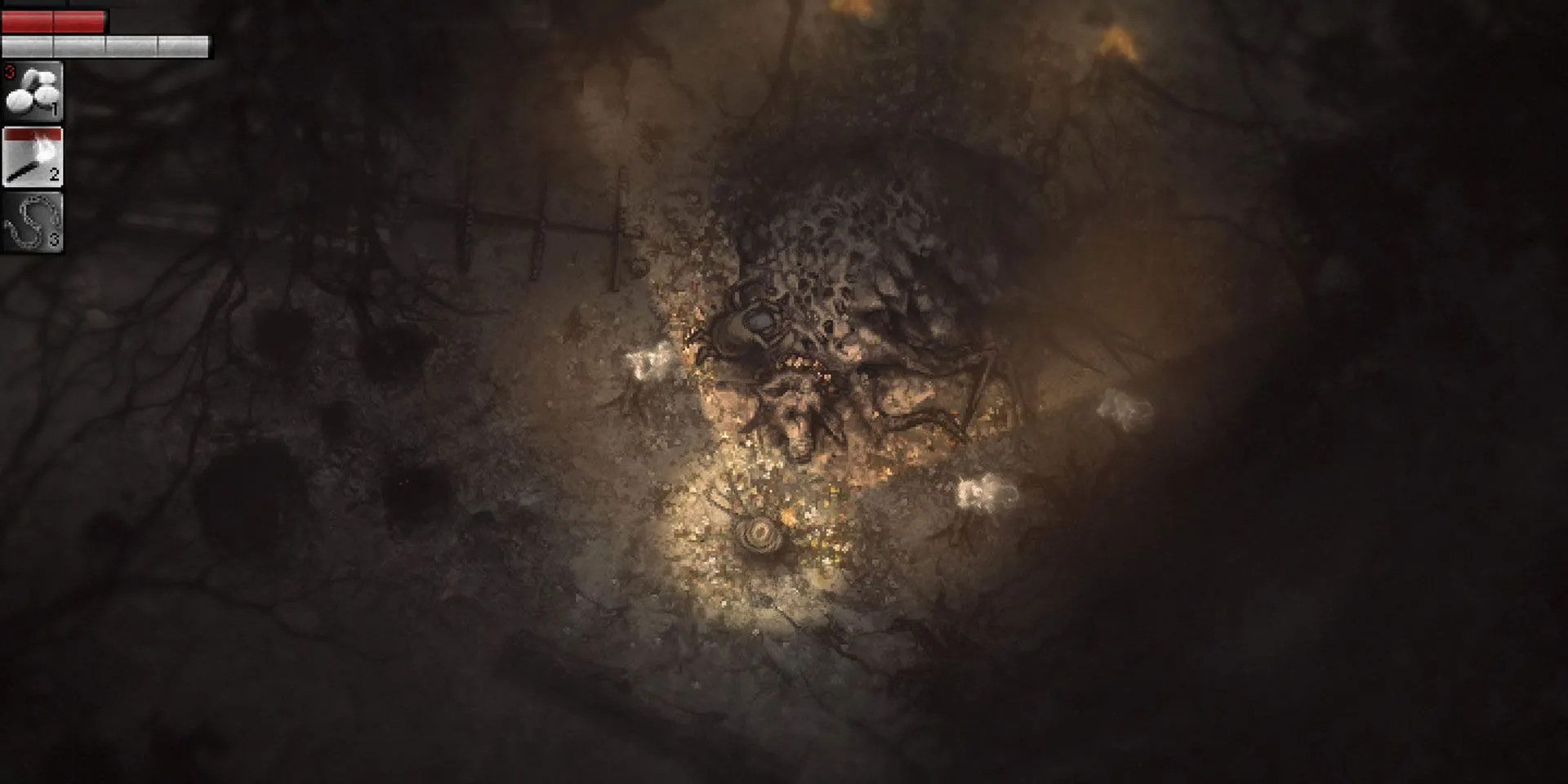 Góc nhìn từ trên xuống của nhân vật trong khu rừng Darkwood đầy rẫy nguy hiểm và bóng tối