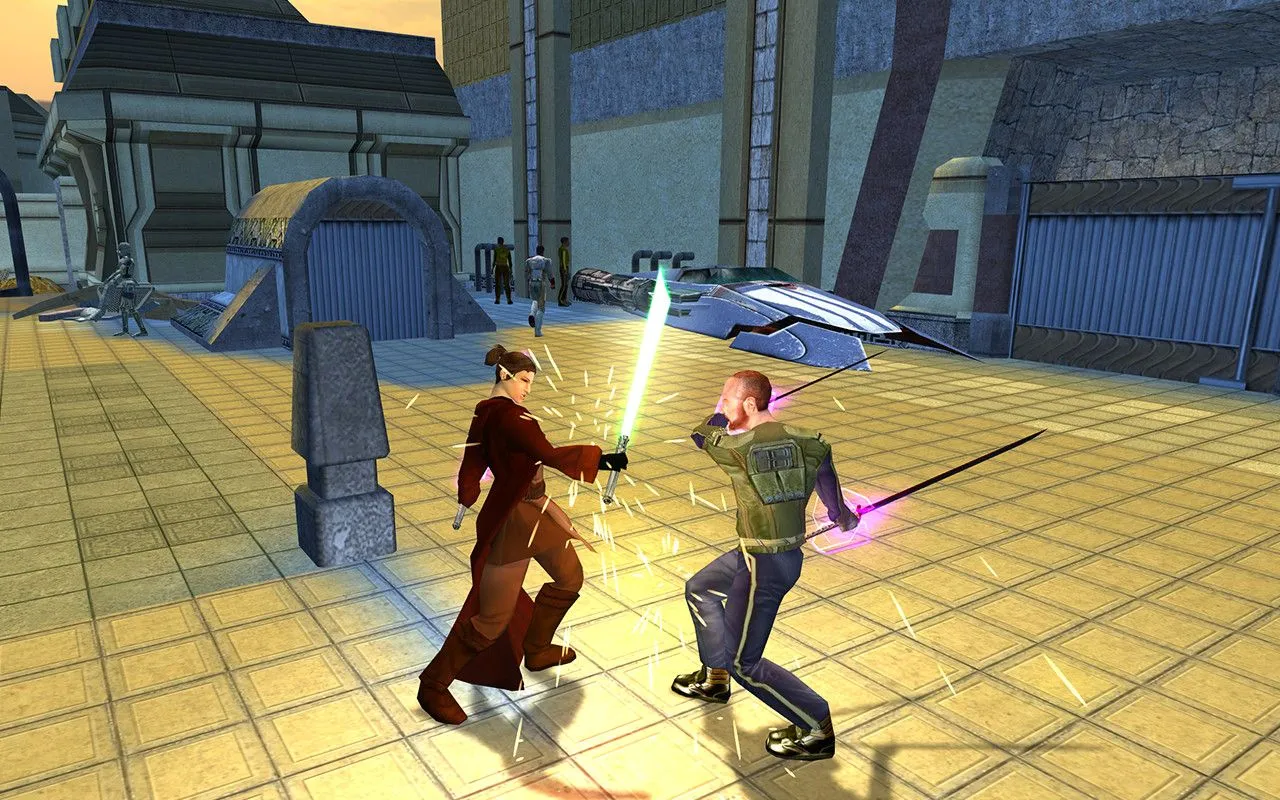Hai Jedi sử dụng Lightsaber trong Star Wars Knights of the Old Republic II, biểu thị những trận chiến khó nhằn và hệ thống RNG định mệnh.