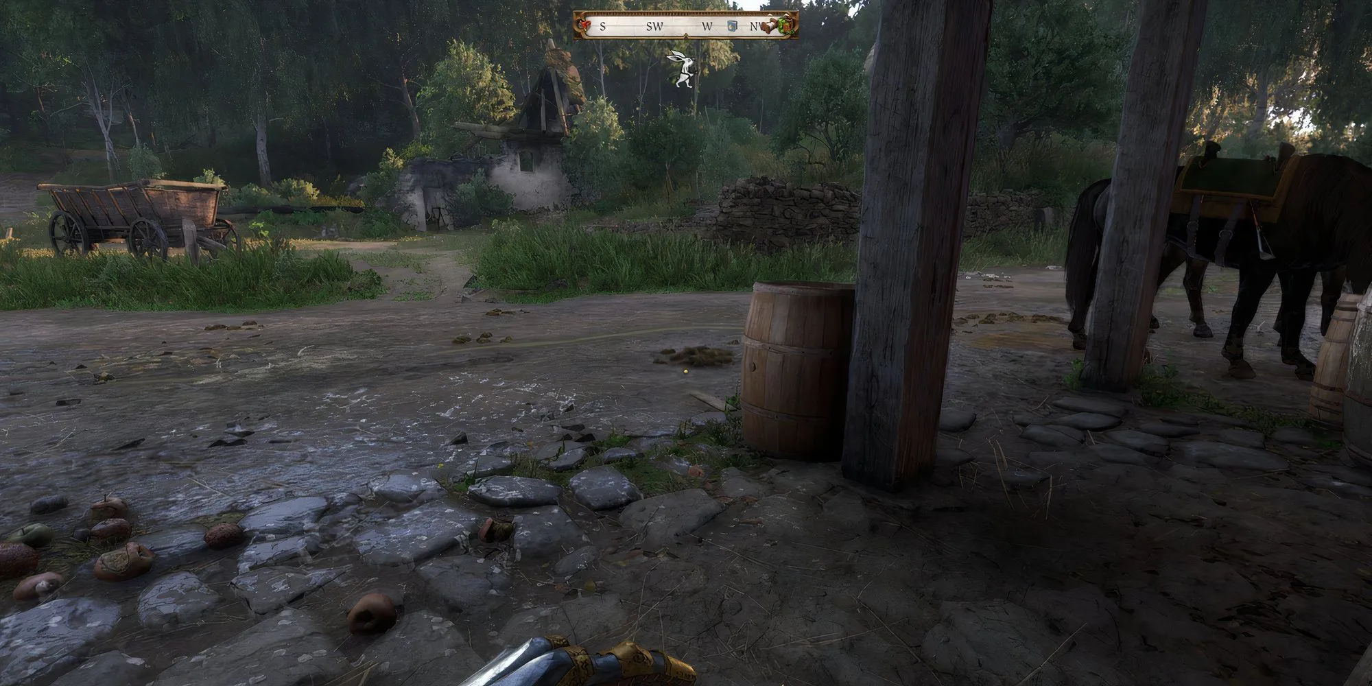 Henry thực hiện hành động tàng hình trong một khu vực rậm rạp của Kingdom Come Deliverance 2, nhấn mạnh sự vắng mặt của giao diện Thỏ (Bunny UI) trong chế độ hardcore.
