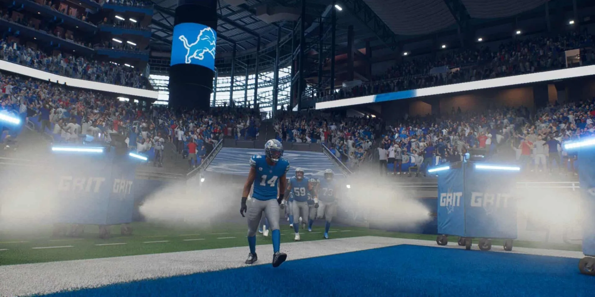 Màn hình trình chiếu trong Madden NFL 26 với logo và hiệu ứng truyền hình