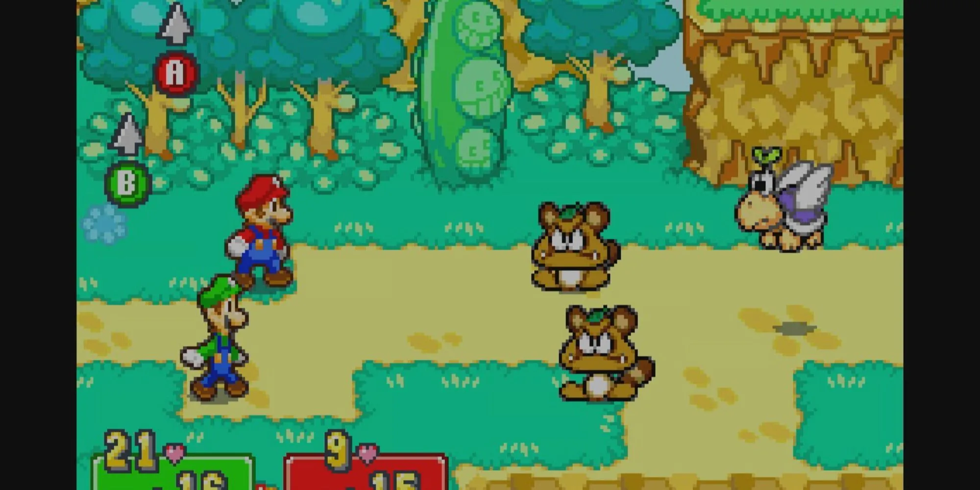 Mario và Luigi chiến đấu với hai Goomba và một Koopa Trooper trong Superstar Saga