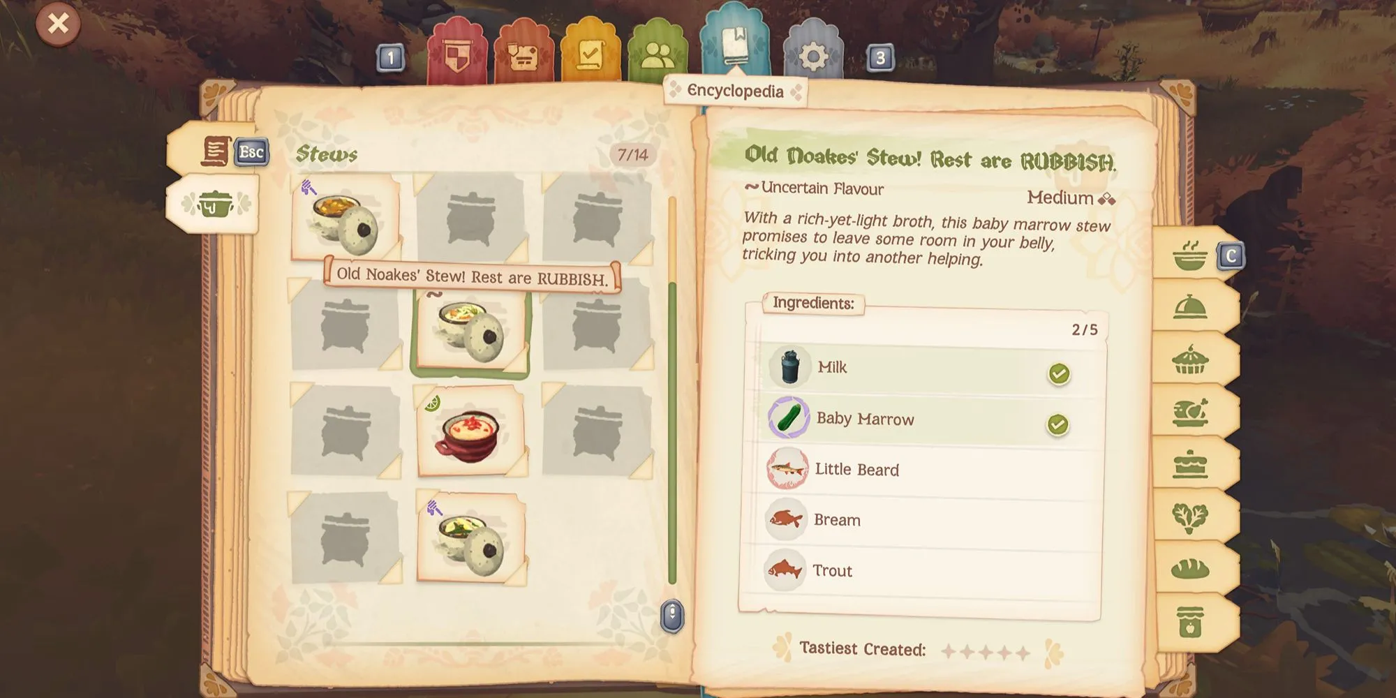 Món hầm &quot;Old Noakes' Stew! Rest are RUBBISH&quot; được trình bày đẹp mắt trong Tales of the Shire, thể hiện sự hài hước trong tên món ăn