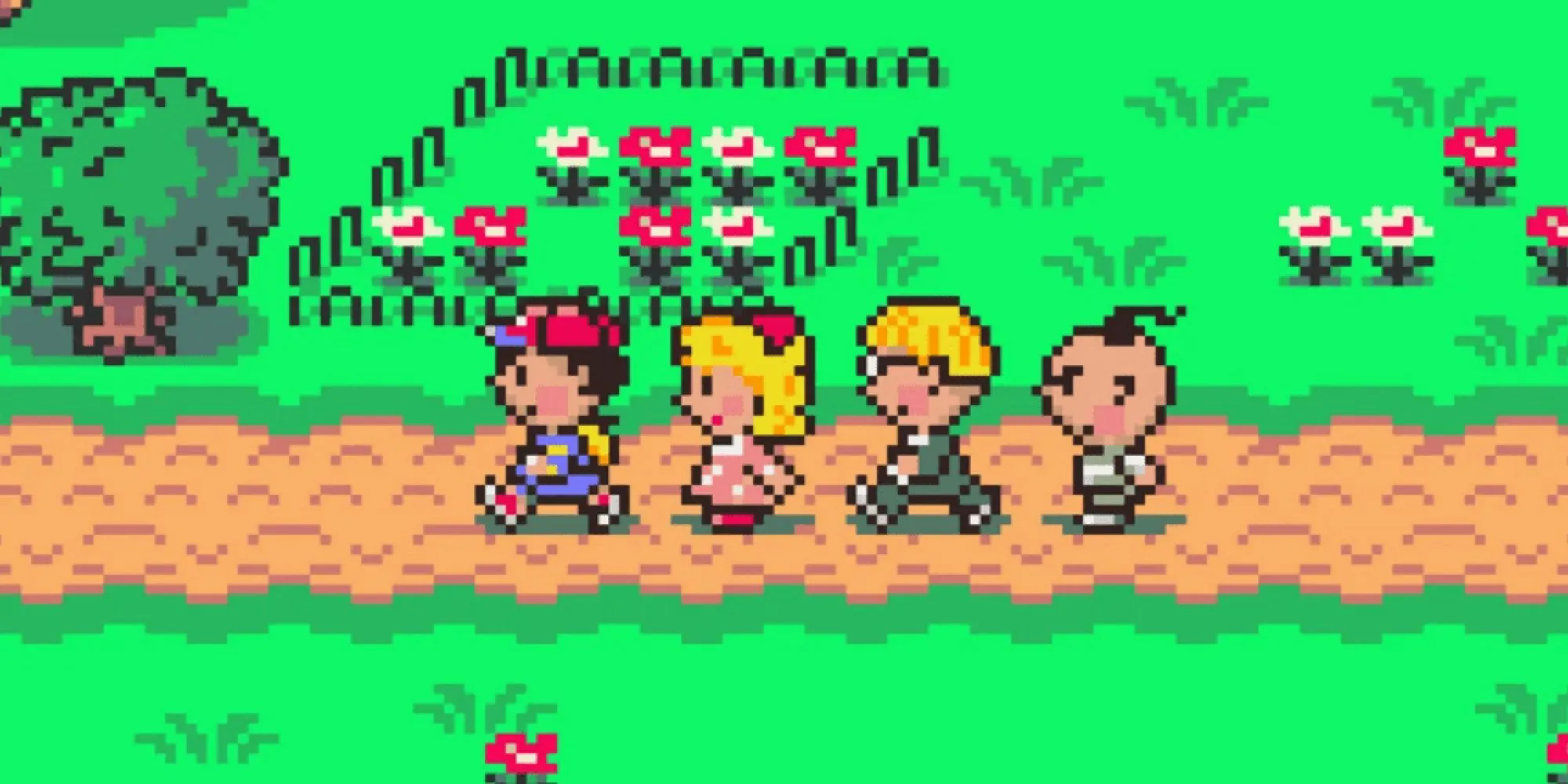 Ness và đồng đội trong Earthbound đối mặt với một quái vật trong môi trường retro nhiều màu sắc
