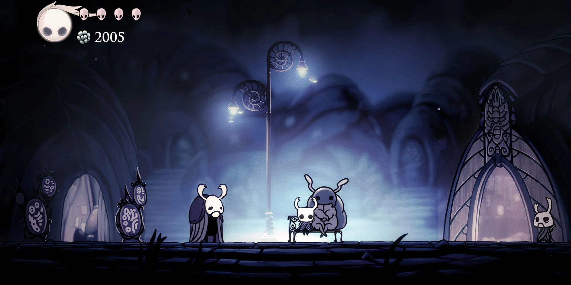 Ngồi trên ghế đá với một NPC trong Hollow Knight