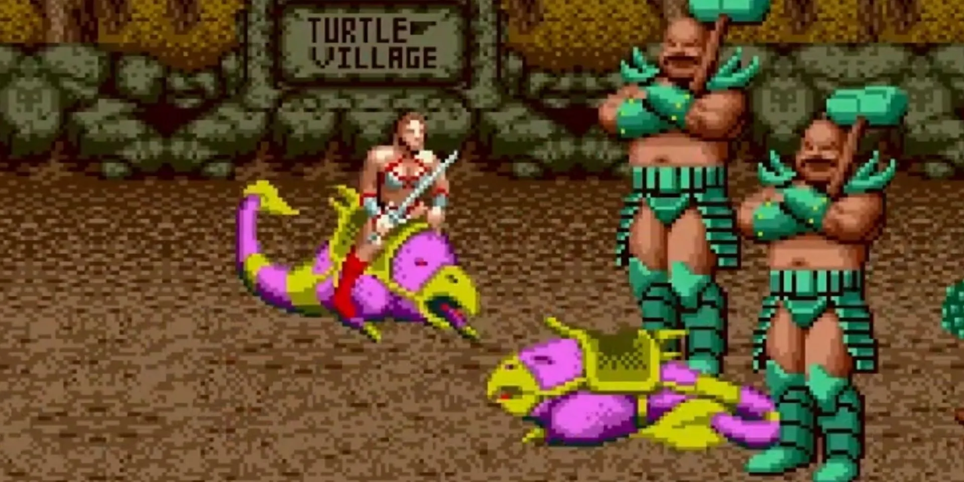 Người chơi cưỡi thú dũng mãnh chiến đấu trong Golden Axe, một game beat 'em up kinh điển trên Sega Mega Drive