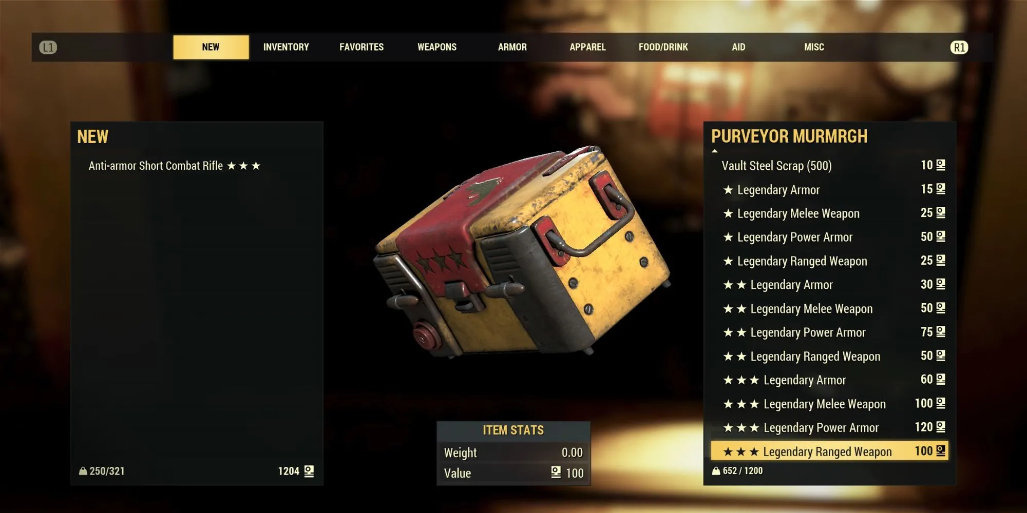 Người chơi Fallout 76 đang mua một vật phẩm huyền thoại ngẫu nhiên từ Murmrgh