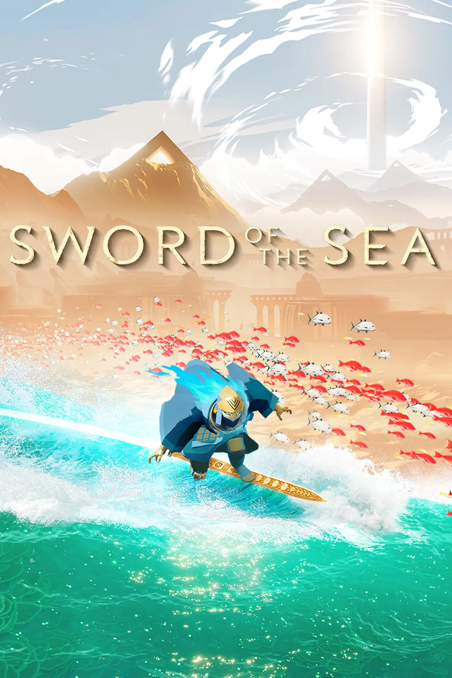 Người chơi lướt ván kiếm giữa cồn cát trong Sword of the Sea, biểu tượng phiêu lưu huyền ảo