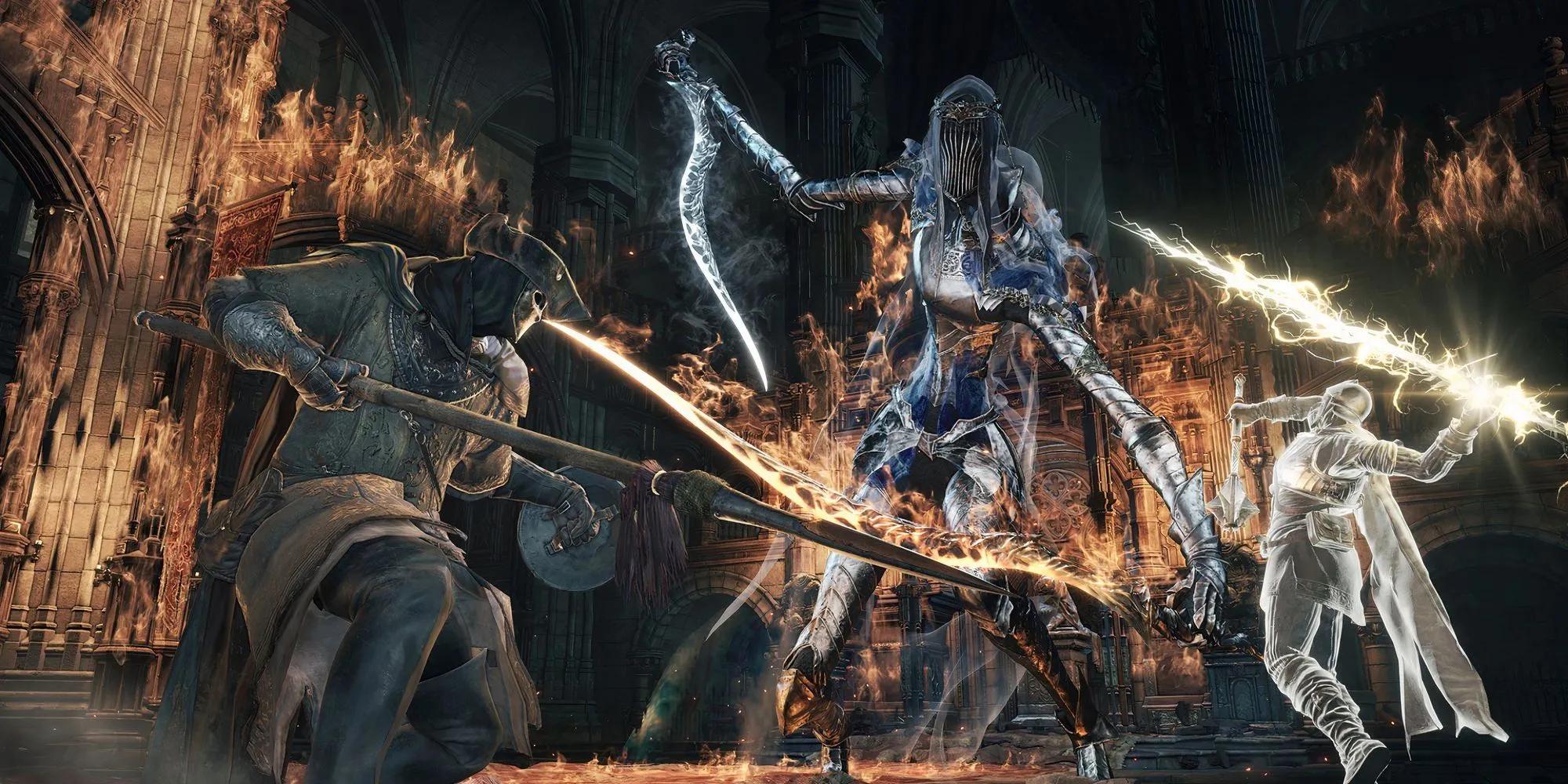 Nhân vật chính sử dụng thương và nhân vật được triệu hồi sử dụng phép sét trong Dark Souls 3
