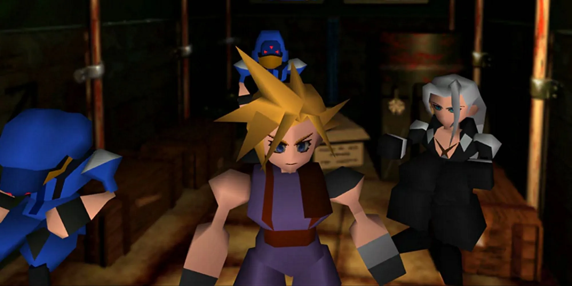 Nhân vật Cloud Strife trong Final Fantasy VII gốc với đồ họa pixel cổ điển, thanh kiếm Buster Sword nổi bật