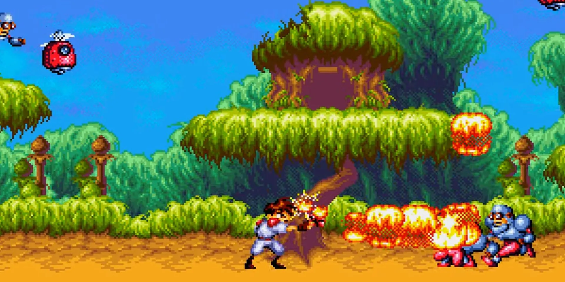 Nhân vật sử dụng khẩu súng Fire kép với sát thương cao trong Gunstar Heroes, game bắn súng hành động kinh điển của Treasure trên Sega Genesis