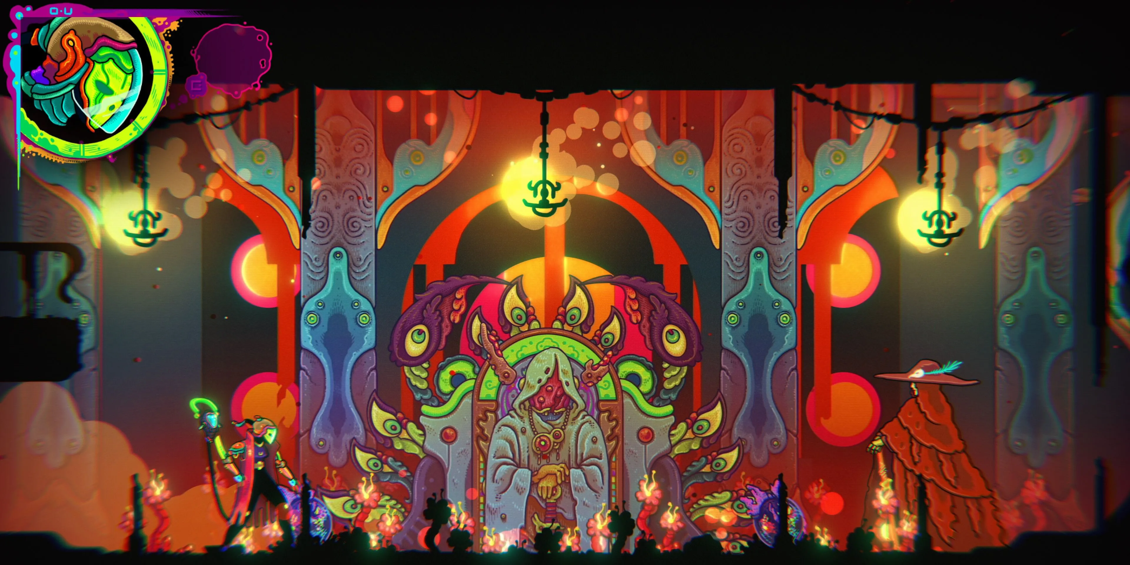 Nhân vật Ultros đứng gần một bức tượng cổ kính trong không gian đầy màu sắc psychedelic