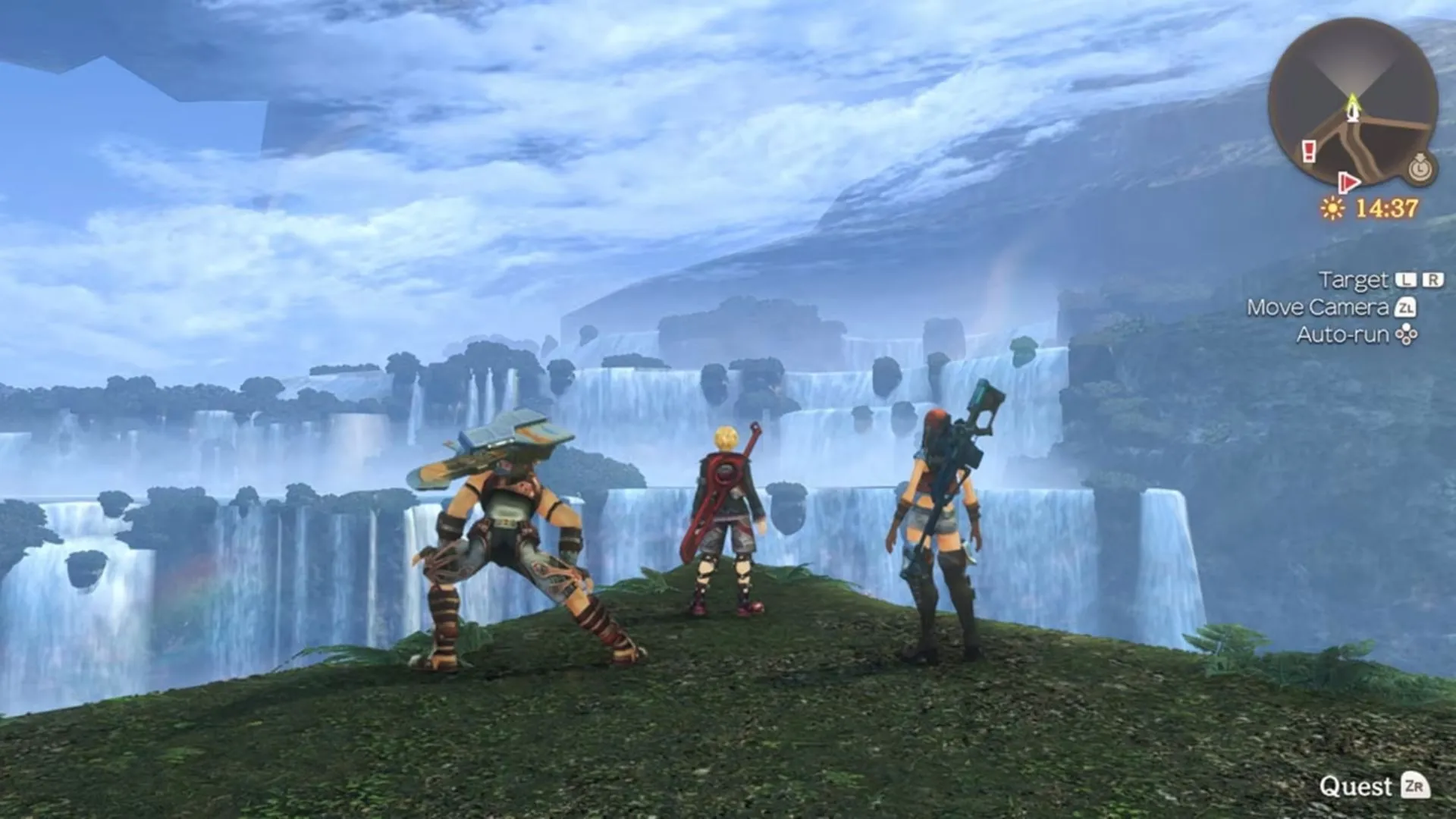 Nhóm nhân vật chính trong Xenoblade Chronicles đứng giữa khung cảnh thiên nhiên hùng vĩ, bầu trời xanh biếc