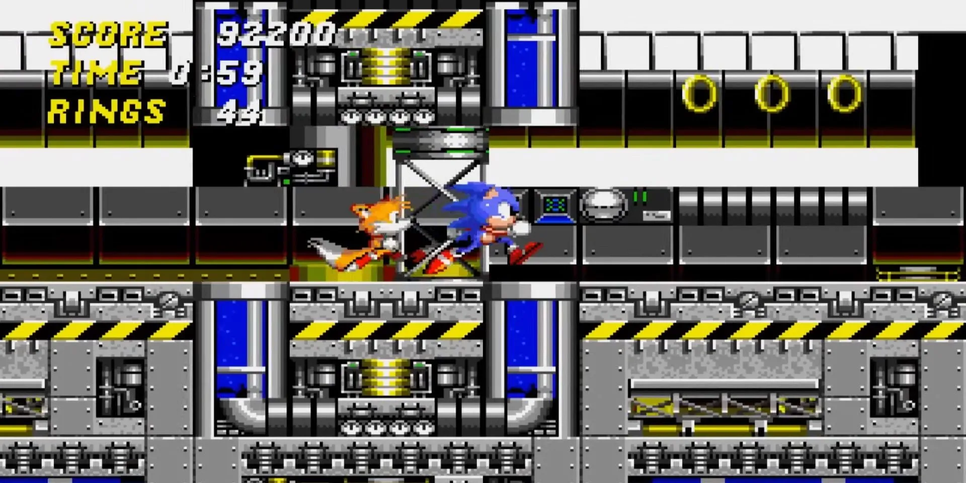 Sonic và Tails đồng hành vượt qua màn Chemical Plant Zone đầy thử thách trong Sonic the Hedgehog 2 trên Sega Genesis