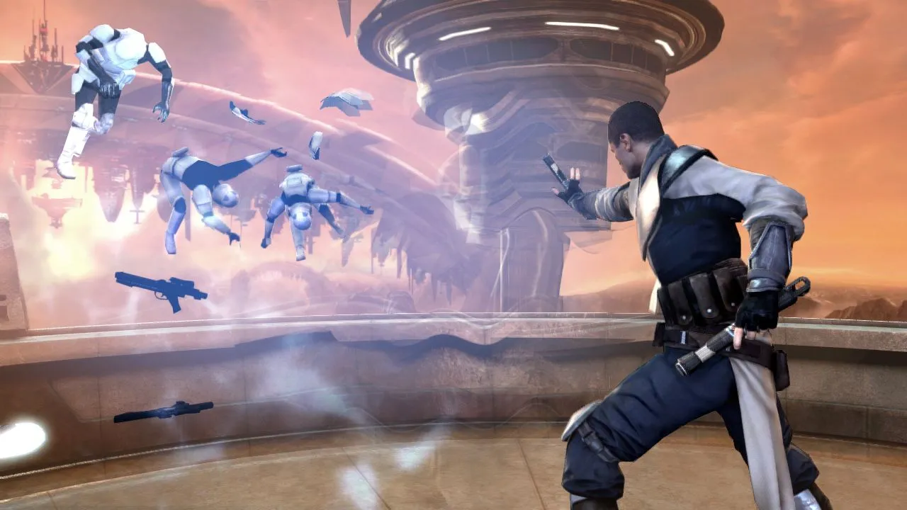 Starkiller với ánh kiếm laser xanh biếc, gợi nhắc về trailer mãn nhãn của Star Wars: The Force Unleashed II
