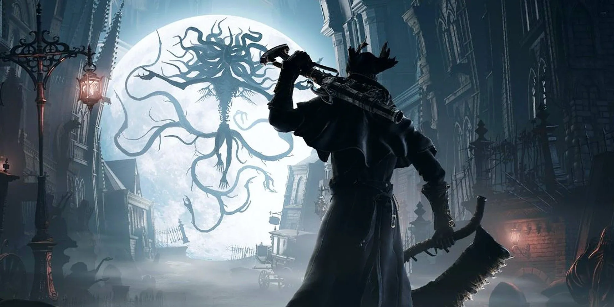 Thợ săn Bloodborne chuẩn bị đối đầu với một quái vật lớn trong một trận đấu trùm đầy kịch tính