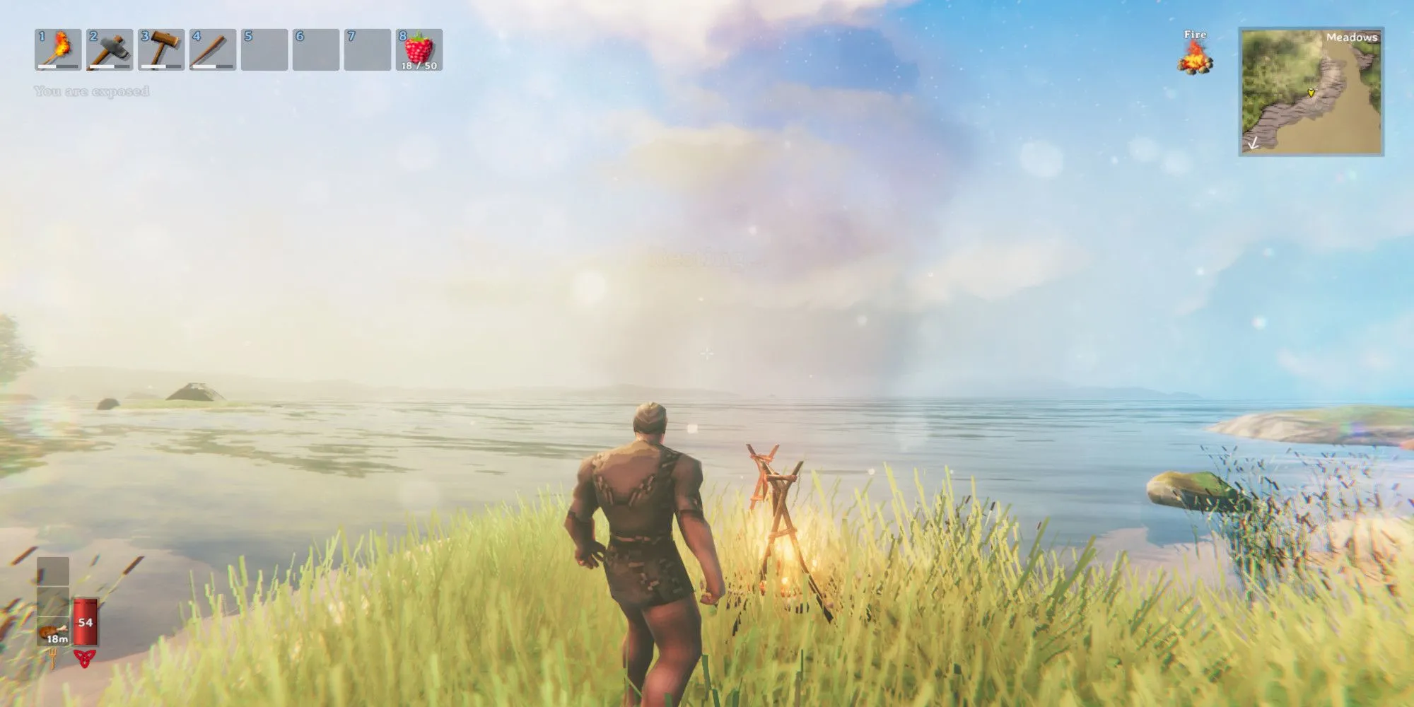 Valheim game sinh tồn, người chơi nhìn ra đại dương từ trại lửa