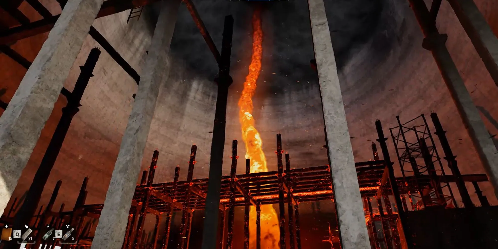 Vòi rồng Lửa (Fire Whirl) bùng cháy dữ dội tại Cooling Towers, đòi hỏi kỹ năng parkour để lấy vật phẩm hiếm.