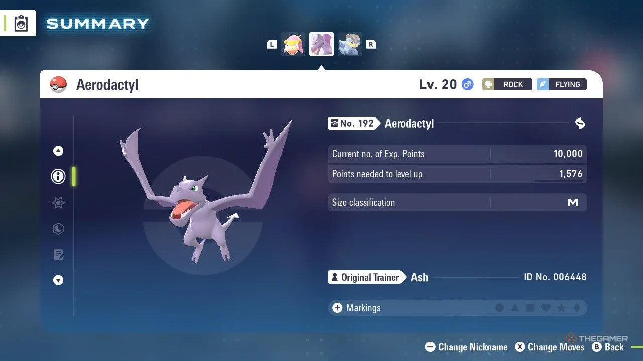Aerodactyl trong menu Pokémon Legends: Z-A, tư thế sẵn sàng tấn công với chiêu Bay