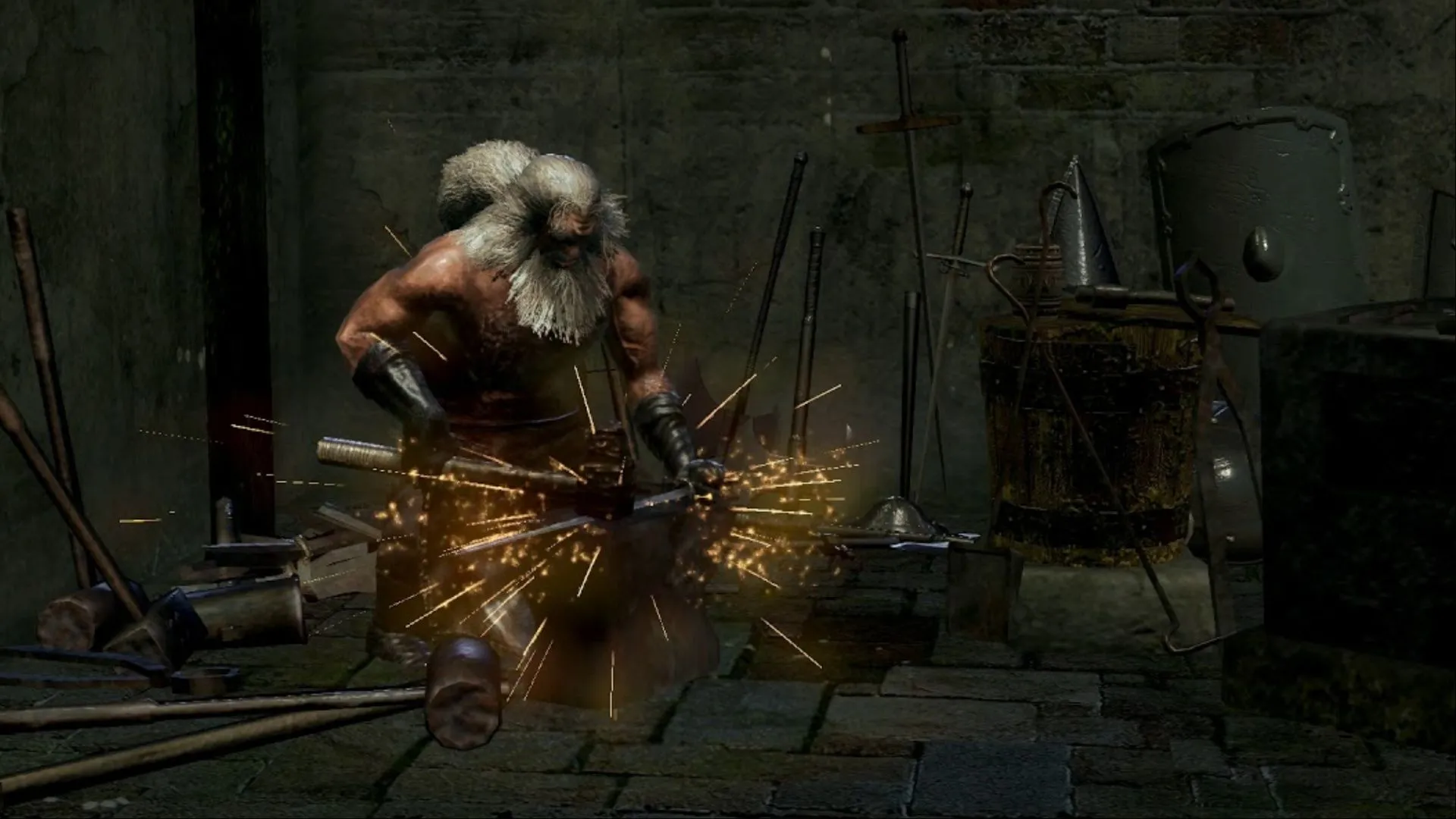 Andre of Astora đang rèn và thử thanh kiếm trong Dark Souls