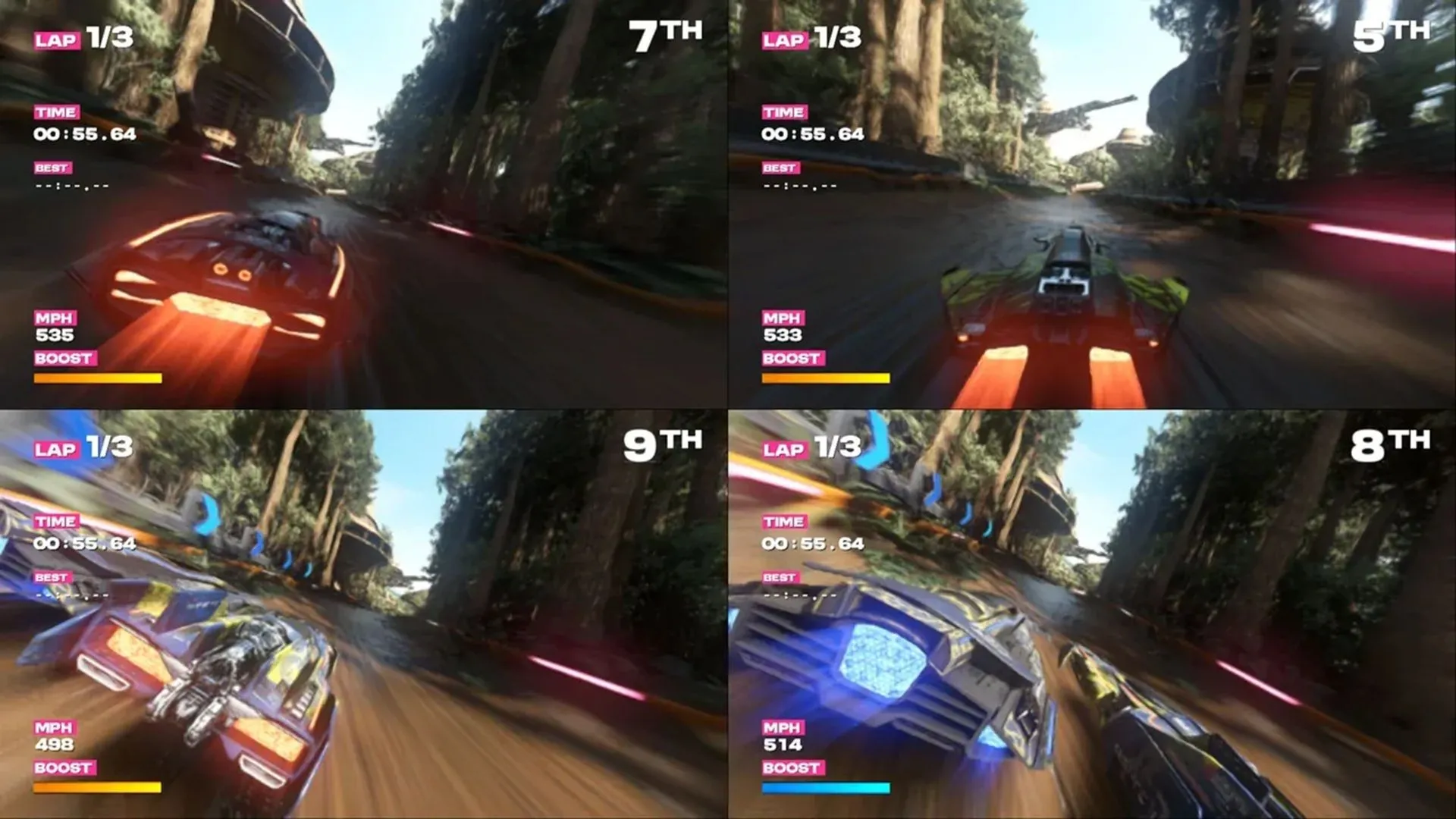Ảnh gameplay splitscreen từ tựa đua lấy cảm hứng F-Zero, minh họa phong cách tốc độ trên Switch 2