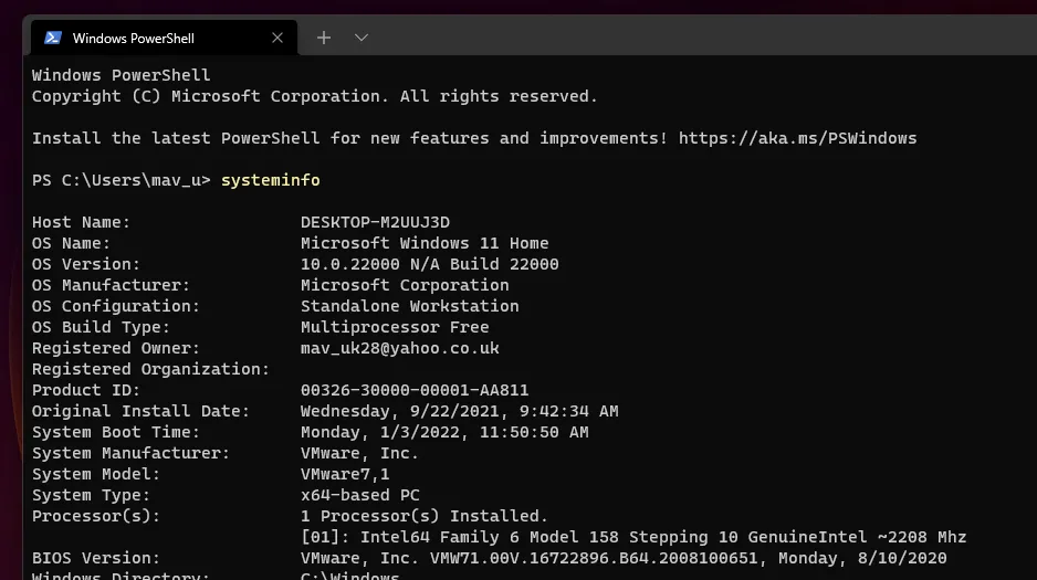 Ảnh minh họa lệnh systeminfo hiển thị thông tin hệ thống cơ bản trong Command Prompt
