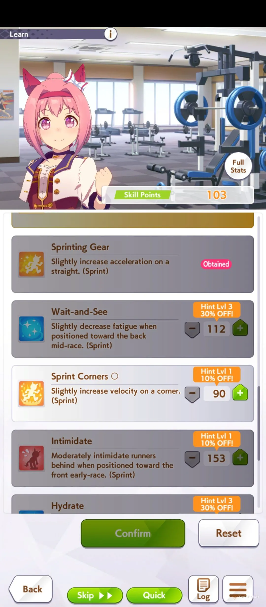 Bảng kỹ năng Haru Urara trong Umamusume Pretty Derby, minh họa những skill quan trọng nên học.