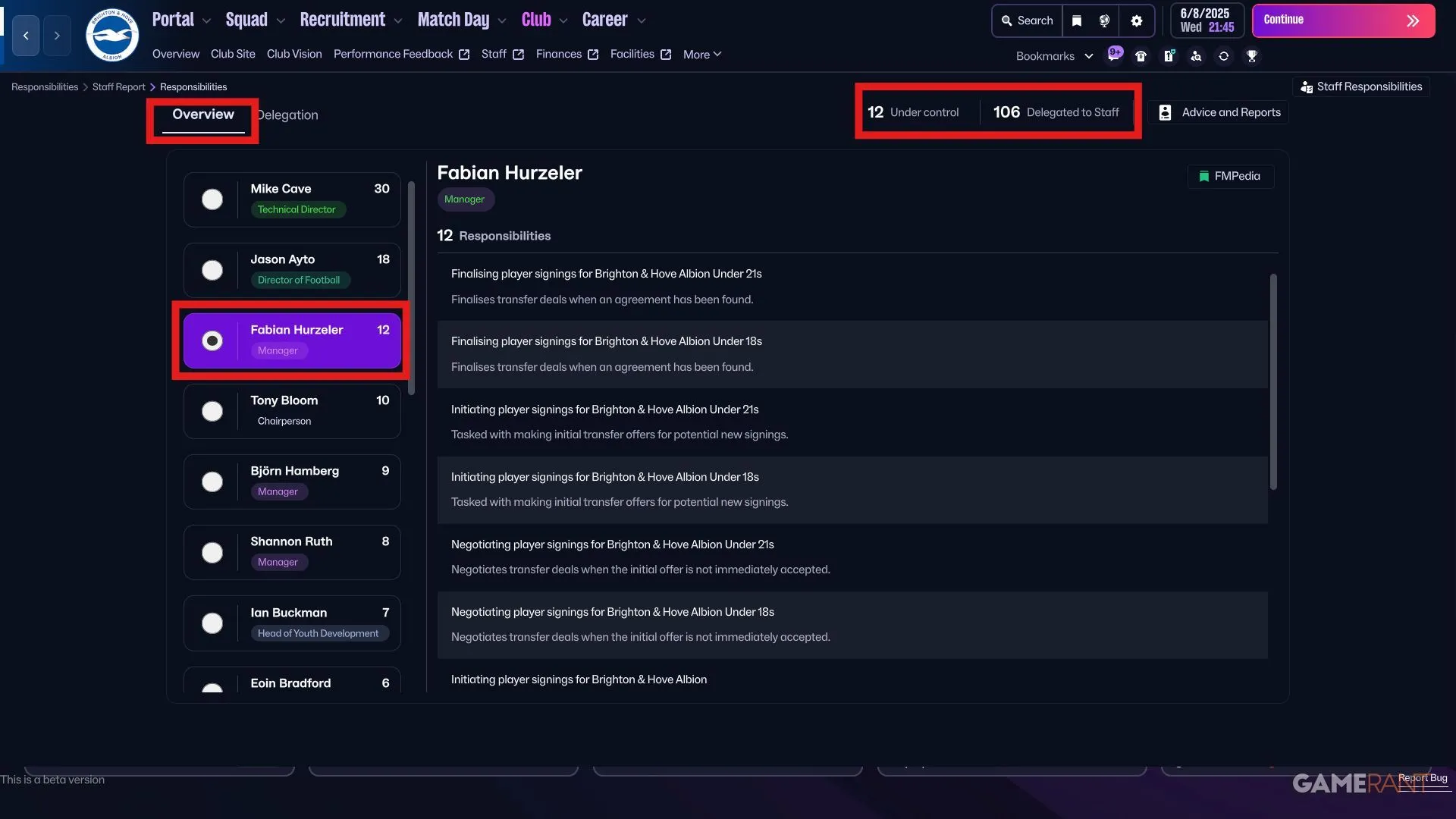 Bảng tổng quan phân quyền (Delegations Overview) trong Football Manager 26 cho biết X Under Control