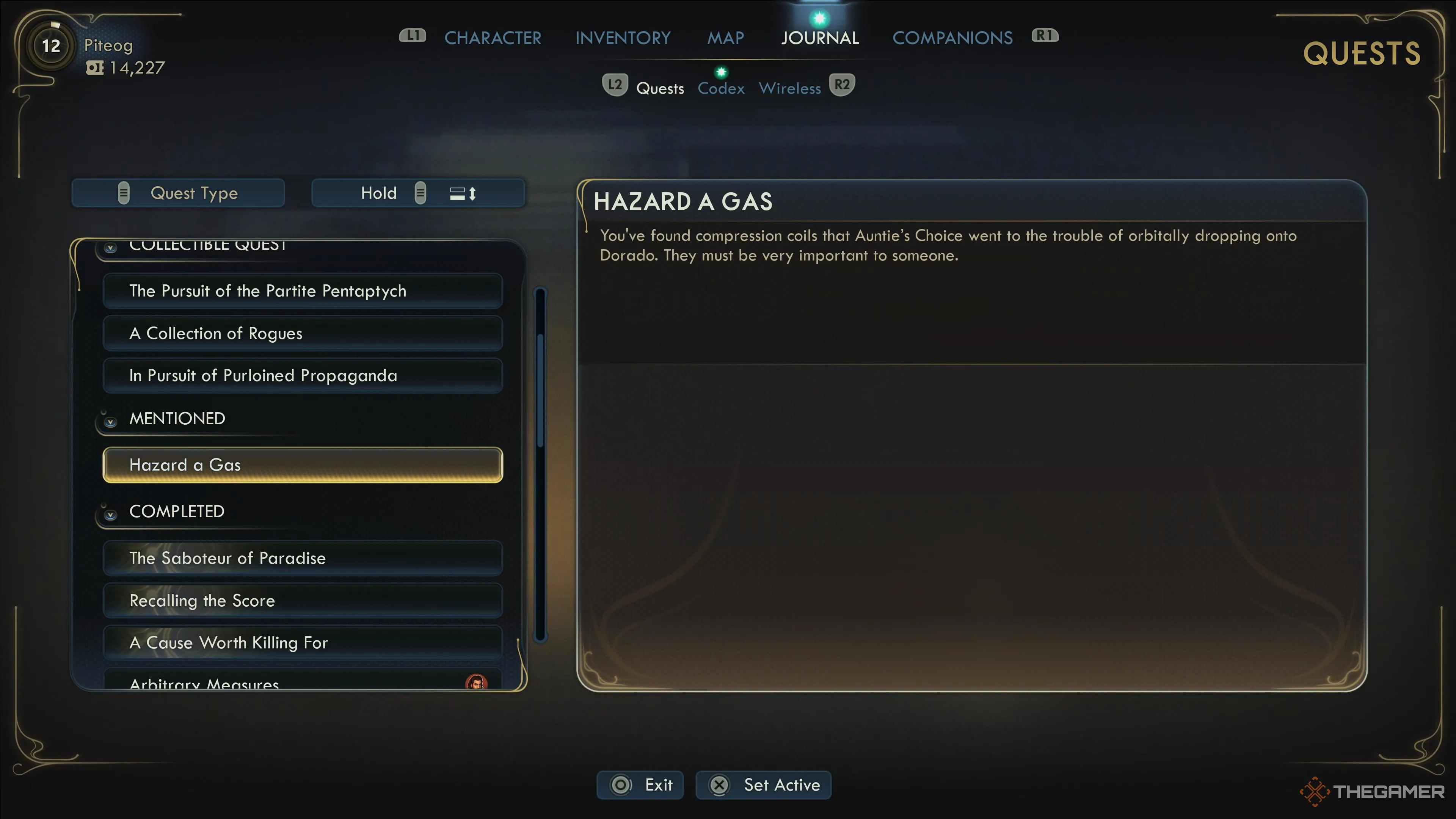 Bắt đầu nhiệm vụ Hazard A Gas trong Journal của The Outer Worlds 2, thể hiện mục Mentioned.