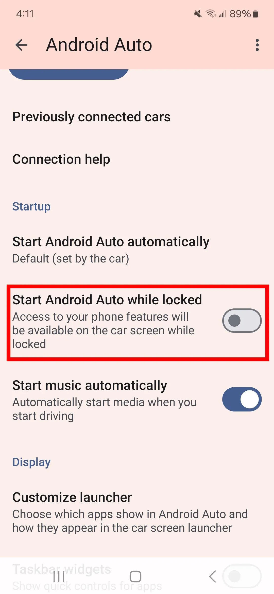 Bật Start Android Auto while locked để khởi chạy khi điện thoại bị khóa