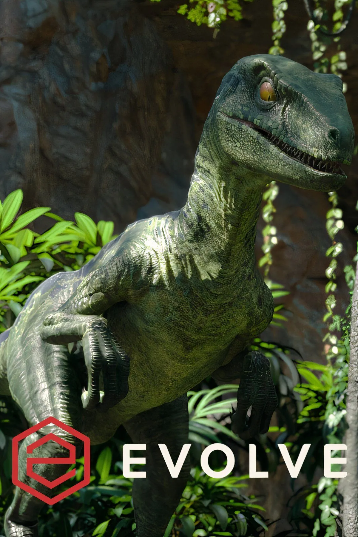 Bìa Evolve với hình ảnh quái vật và thợ săn thể hiện gameplay bất đối xứng