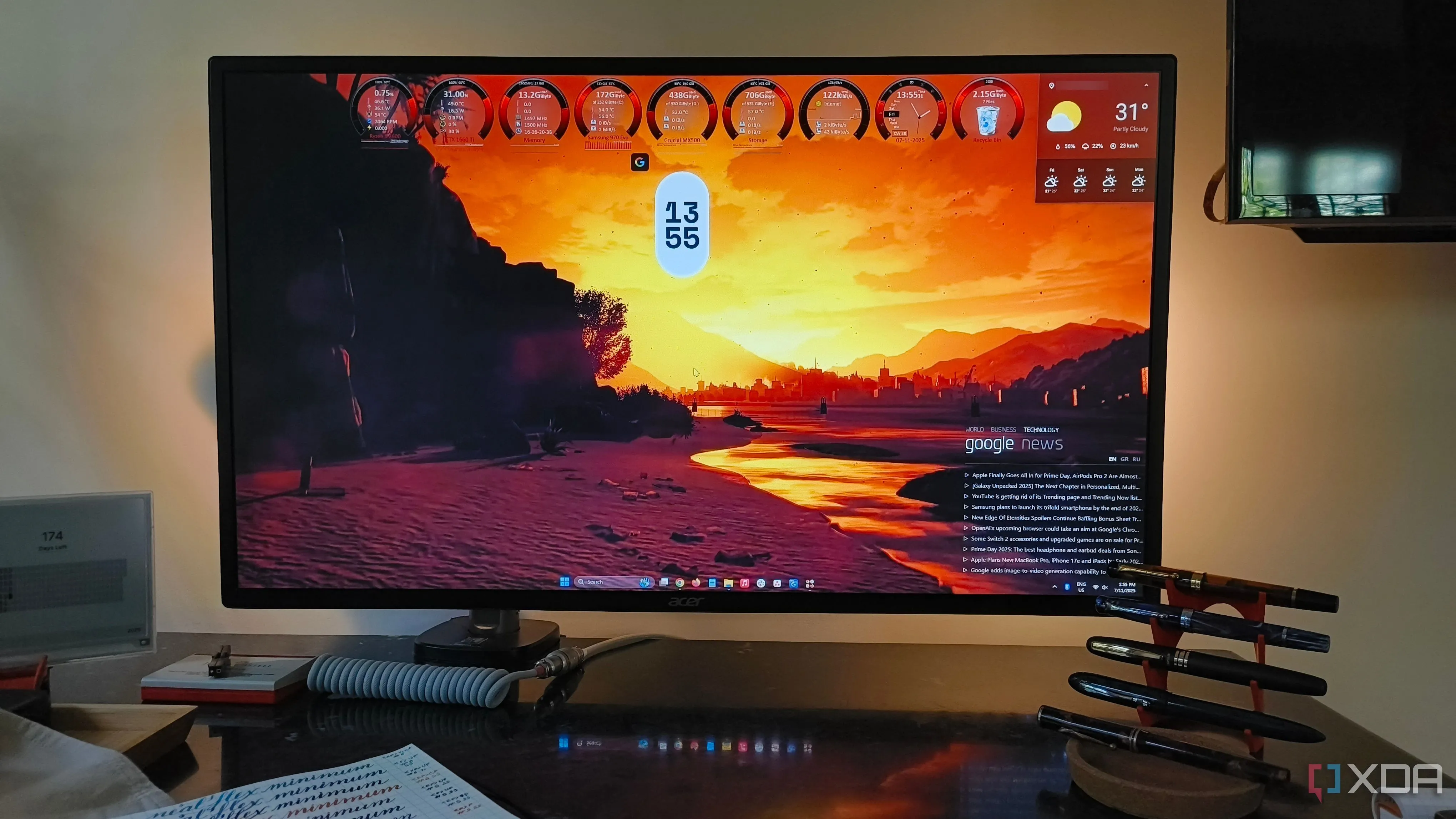Bộ giao diện Rainmeter trên màn hình desktop ultrawide, hiển thị widget giám sát hệ thống và ghi chú