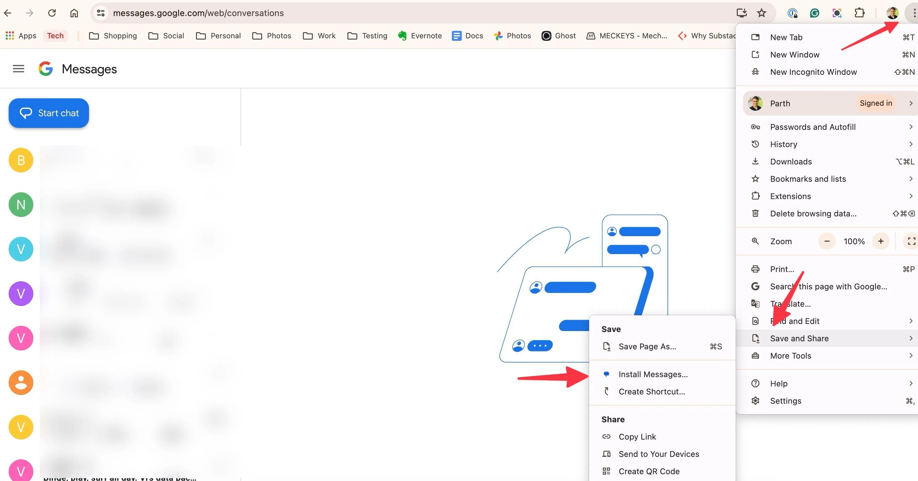 Các bước cài Messages làm web app qua Chrome menu Save and Share &gt; Install Messages