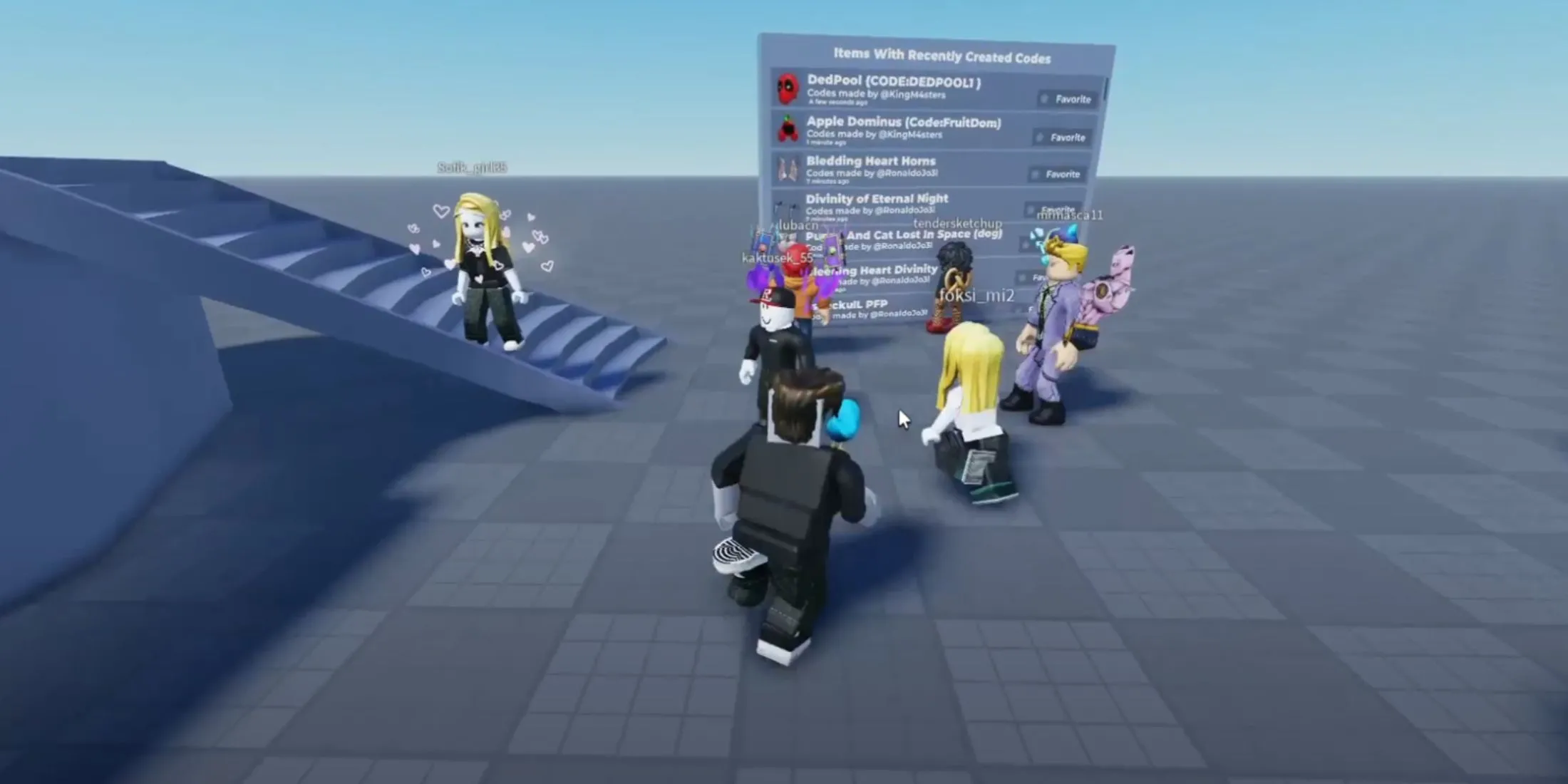 Các nhân vật Flex UGC trong Roblox, nơi người chơi khám phá và tìm mã trên bảng thông báo spawn
