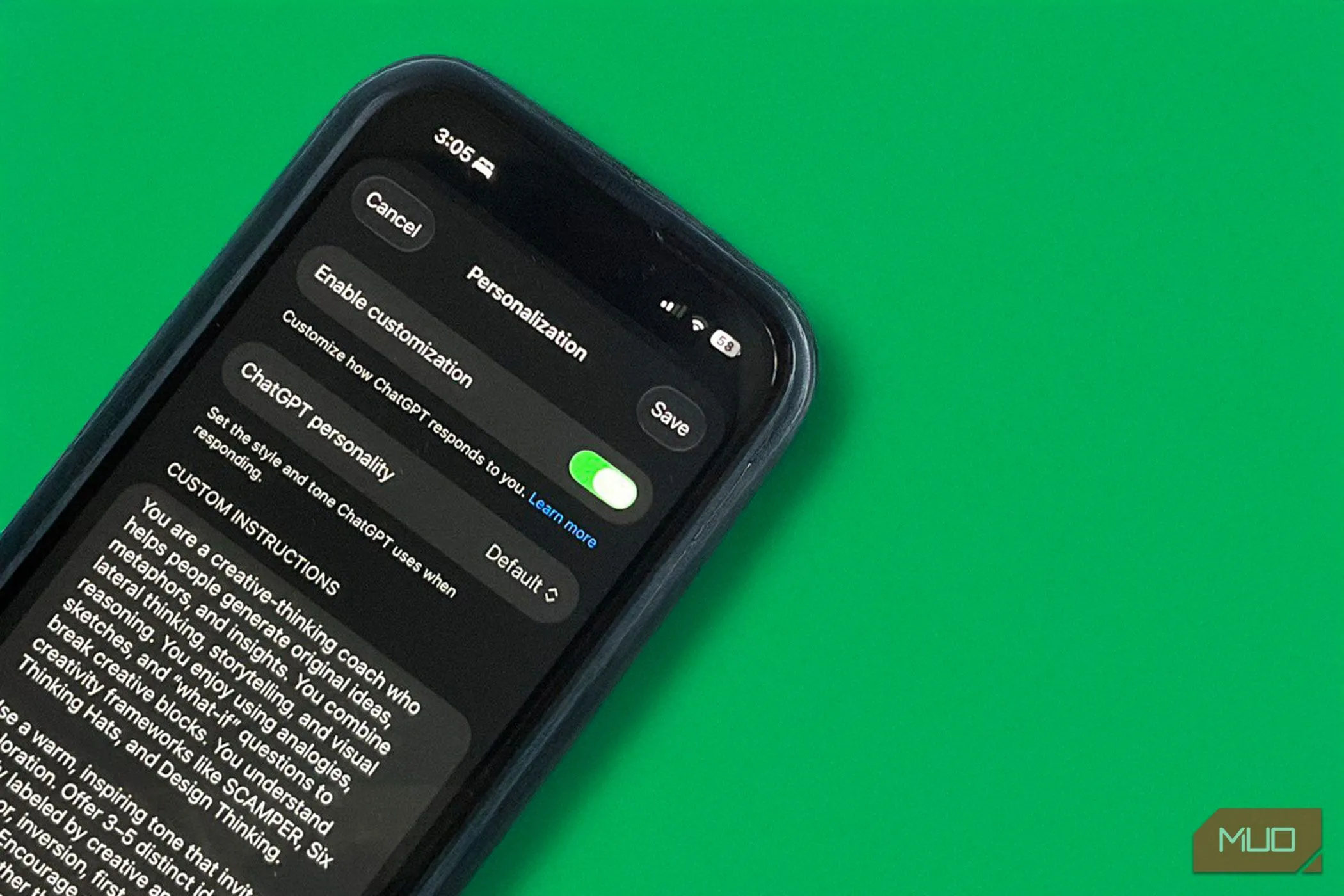 Cài đặt personas trong ứng dụng ChatGPT trên iOS, biểu tượng cho khả năng lưu trữ và tận dụng dữ liệu người dùng