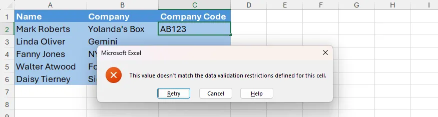 Cảnh báo lỗi validation hiển thị khi mã không thỏa điều kiện