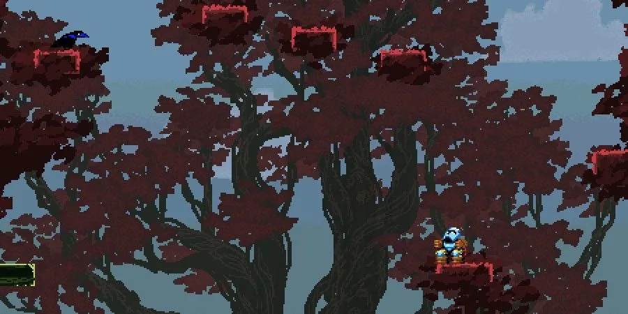 Cảnh nhân vật nhảy giữa các bậc thang trong Jump King, minh họa cơ chế điều chỉnh lực nhảy không có chỉ báo