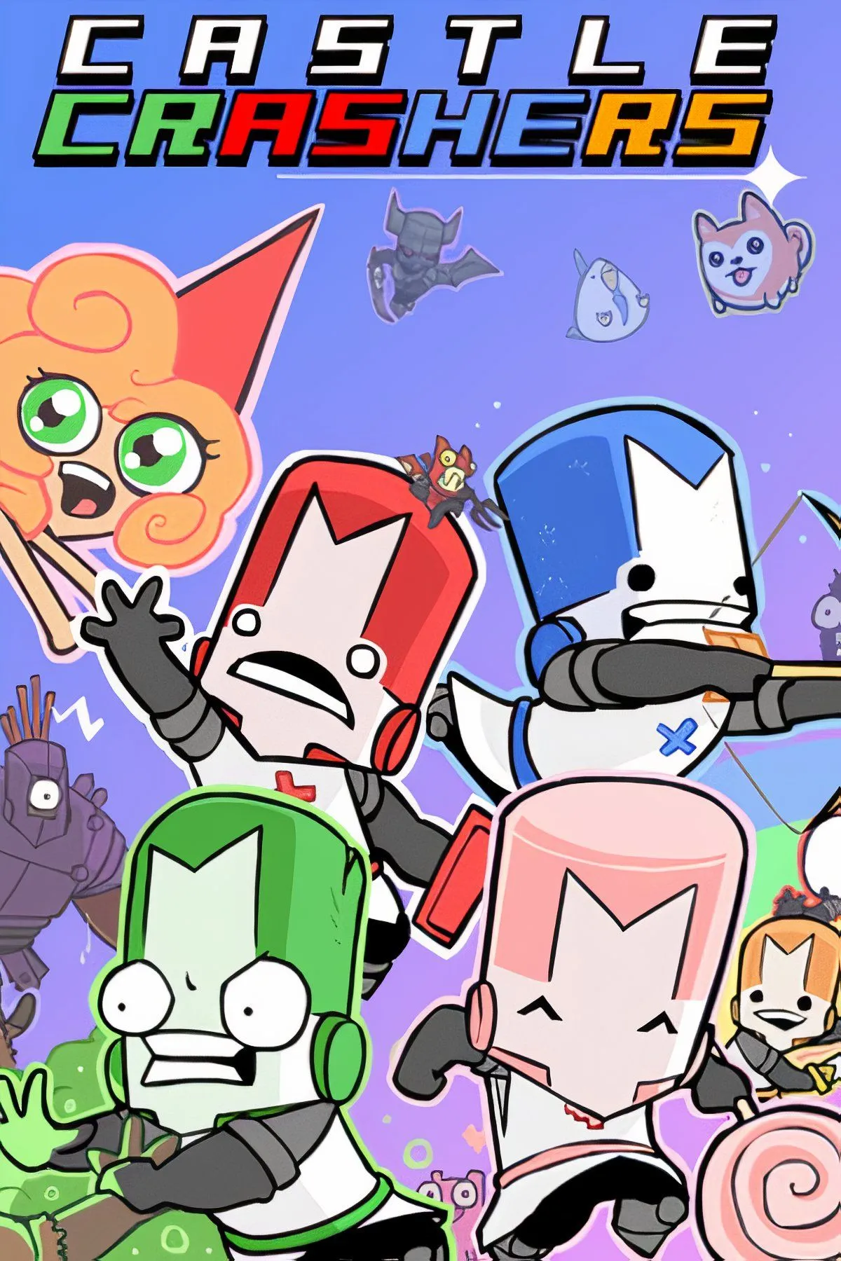 Castle Crashers artwork thể hiện phong cách hoạt hình tươi sáng và 4 người chơi hợp lực
