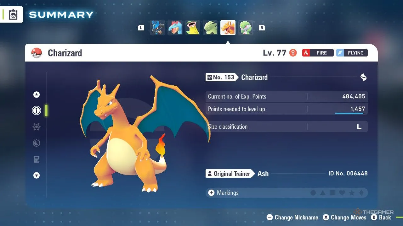Charizard trong menu Pokémon Legends: Z-A, biểu tượng bất tử của hệ Lửa/Bay với tiềm năng Mega mạnh mẽ