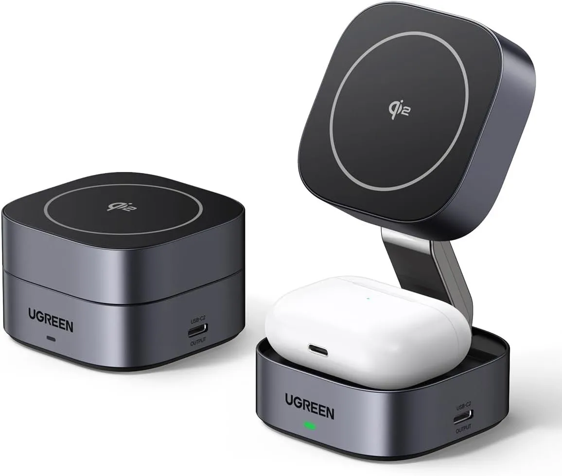 Đế sạc Ugreen Qi2 gập được, có thể làm giá đỡ cho iPhone khi dùng bàn phím rời.