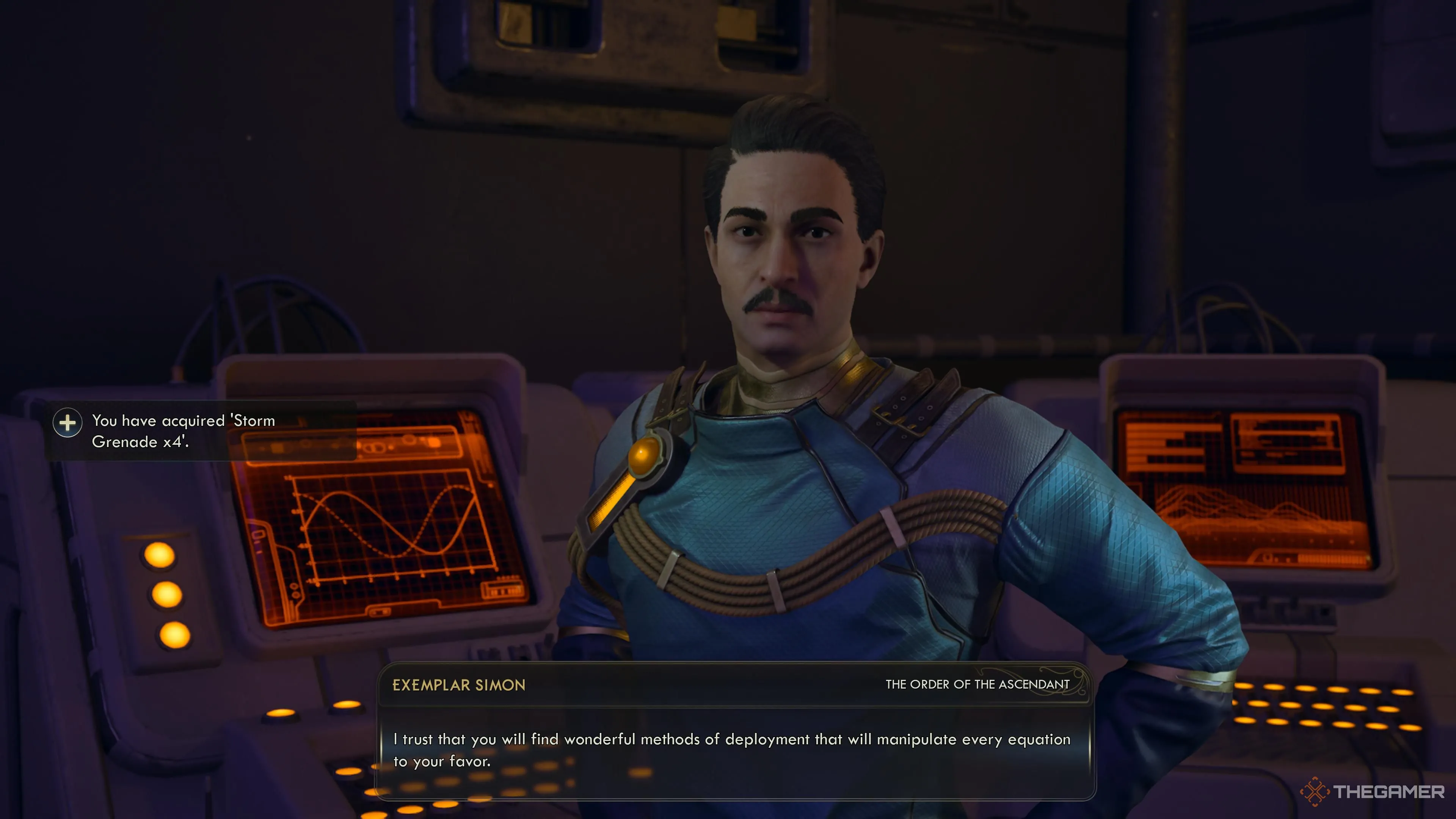 Exemplar Simon trao công thức và Storm Grenade cho người chơi trong The Outer Worlds 2.
