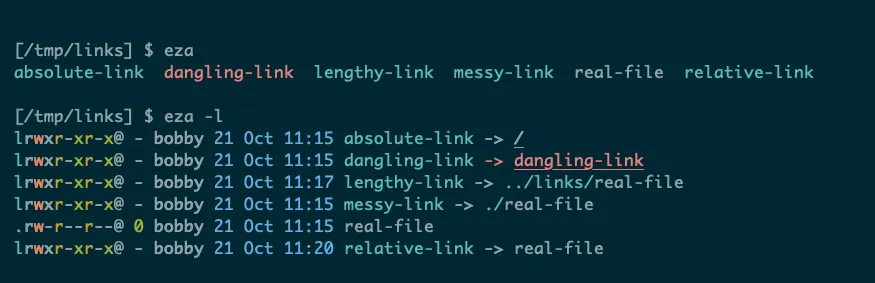 eza hiển thị symlink hỏng màu đỏ trong terminal trên Linux, giúp phân biệt liên kết đứt với file thường