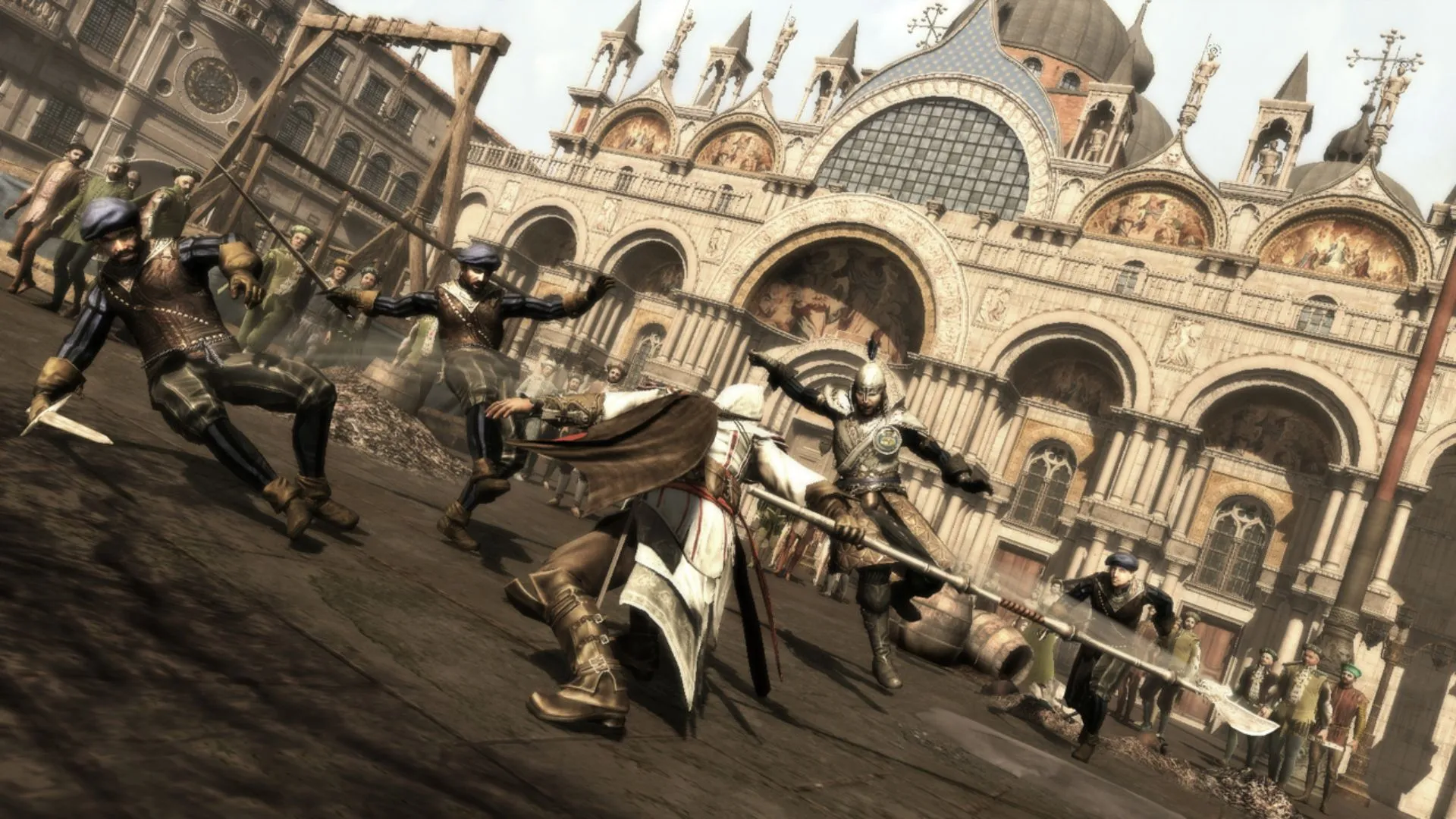 Ezio vung rìu tấn công nhóm vệ binh trong Assassin's Creed II, biểu tượng cho chiến đấu theo thời điểm.