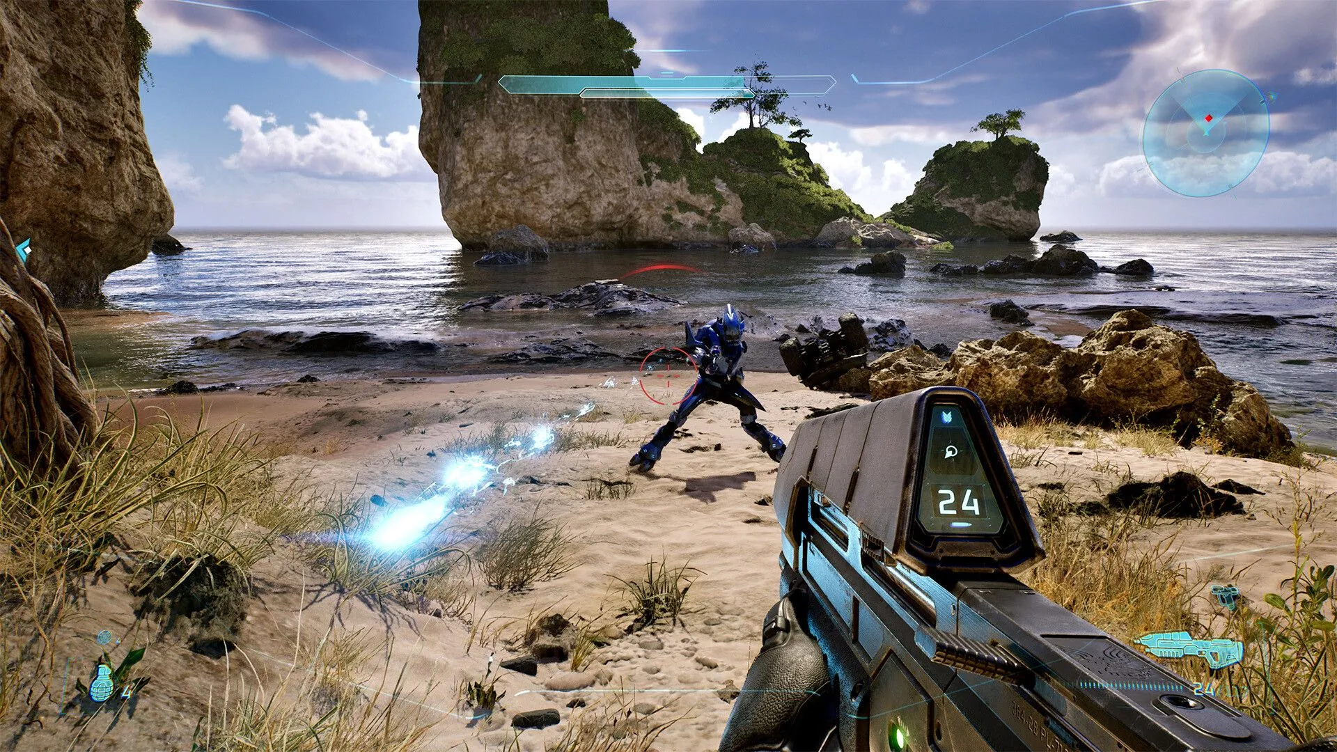 Gameplay góc nhìn thứ nhất màn Silent Cartographer trong Halo: Campaign Evolved, cảnh chiến đấu và môi trường ngoại vi