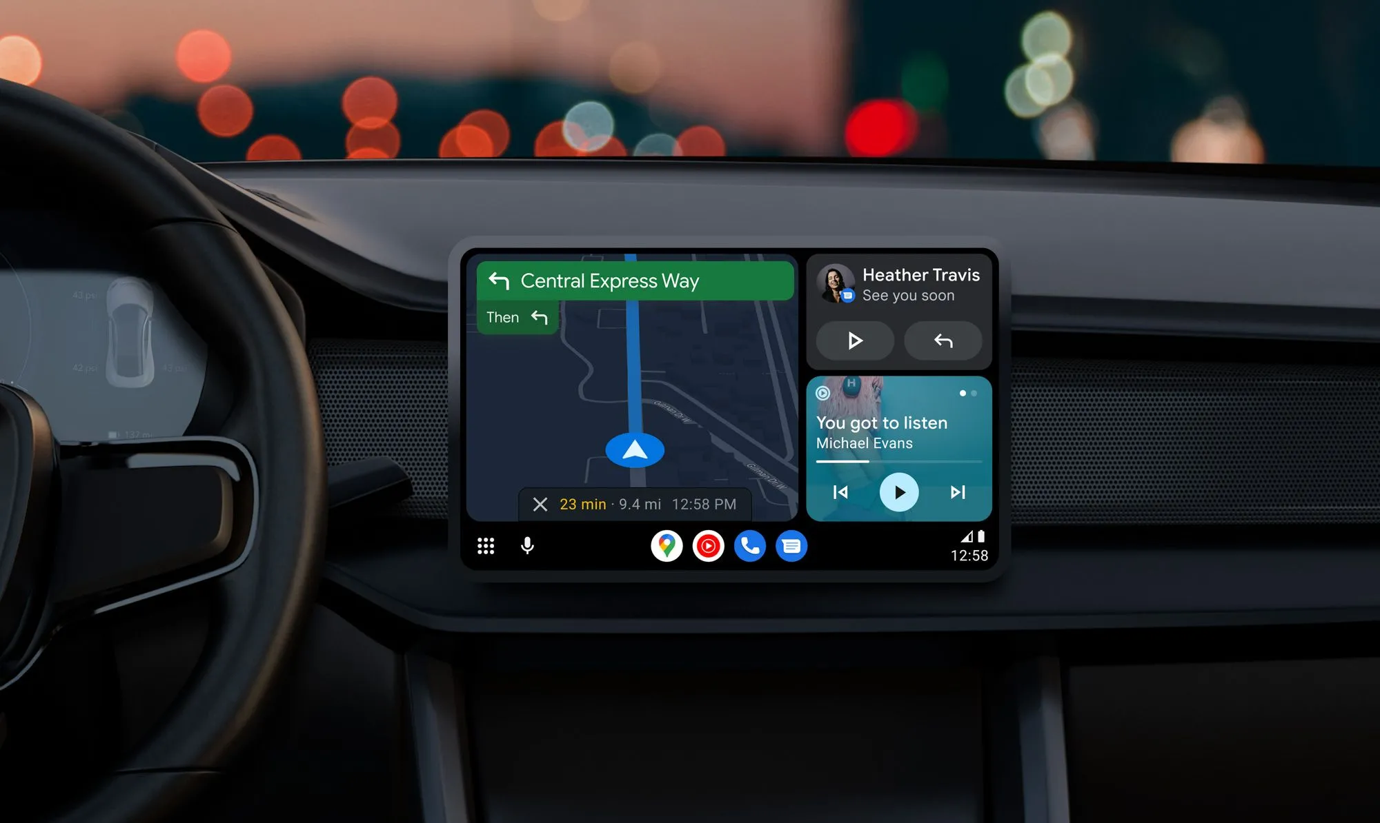 Giao diện Android Auto Coolwalk trên màn hình xe, hiển thị các phím điều khiển và bản đồ