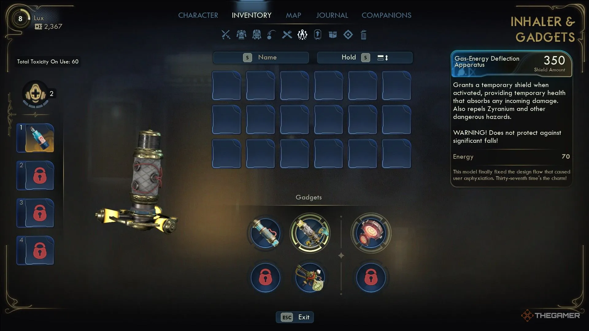 Giao diện các Gadget trong The Outer Worlds 2, hiển thị Gas-Energy Deflection Apparatus trong kho đồ